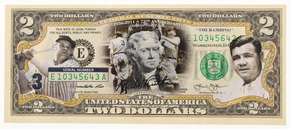 Babe Ruth Colorized 2 Commemorative Bank Note Pristine Auction