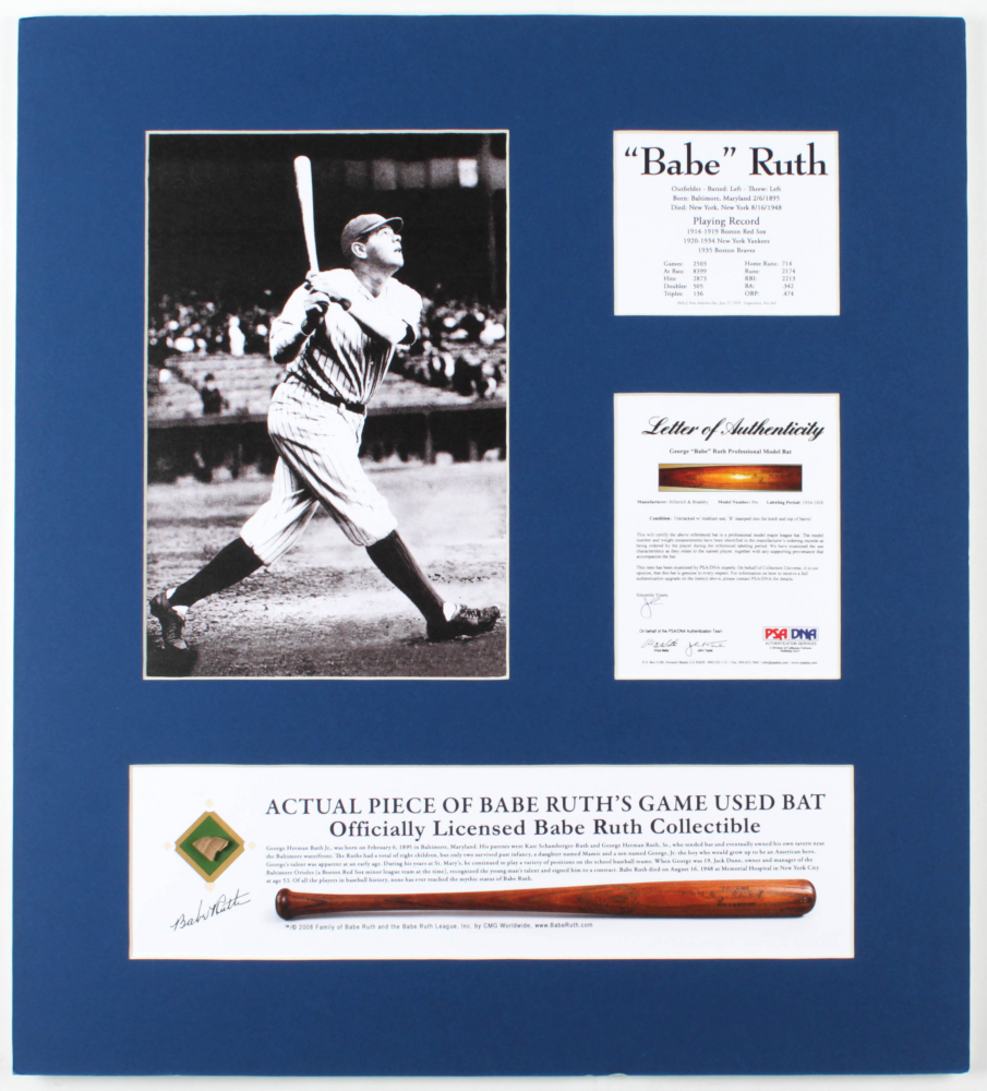 Babe Ruth Yankees X Custom Matted Game Used Baseball Bat Piece Display PSA LOA Copy