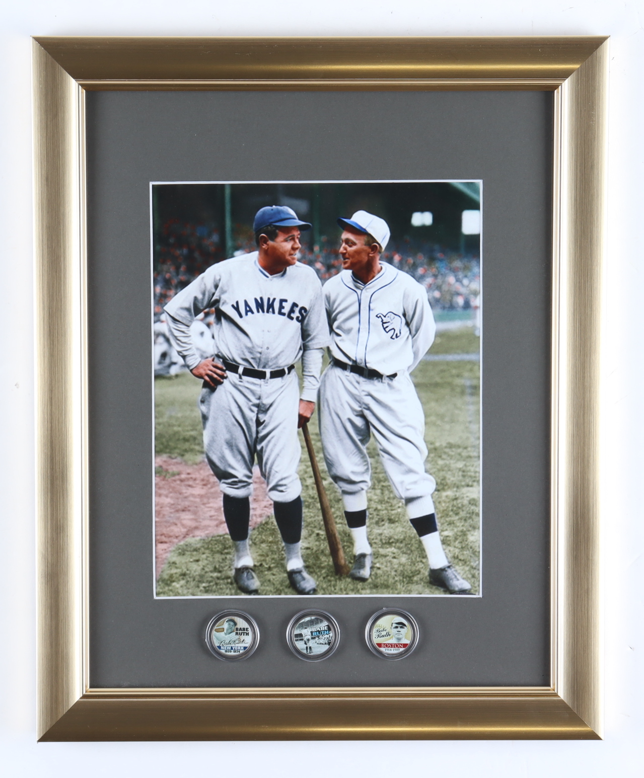 Babe Ruth Ty Cobb 13x16 Custom Framed Photo Display With Set Of 3 U S Colorized Babe Ruth