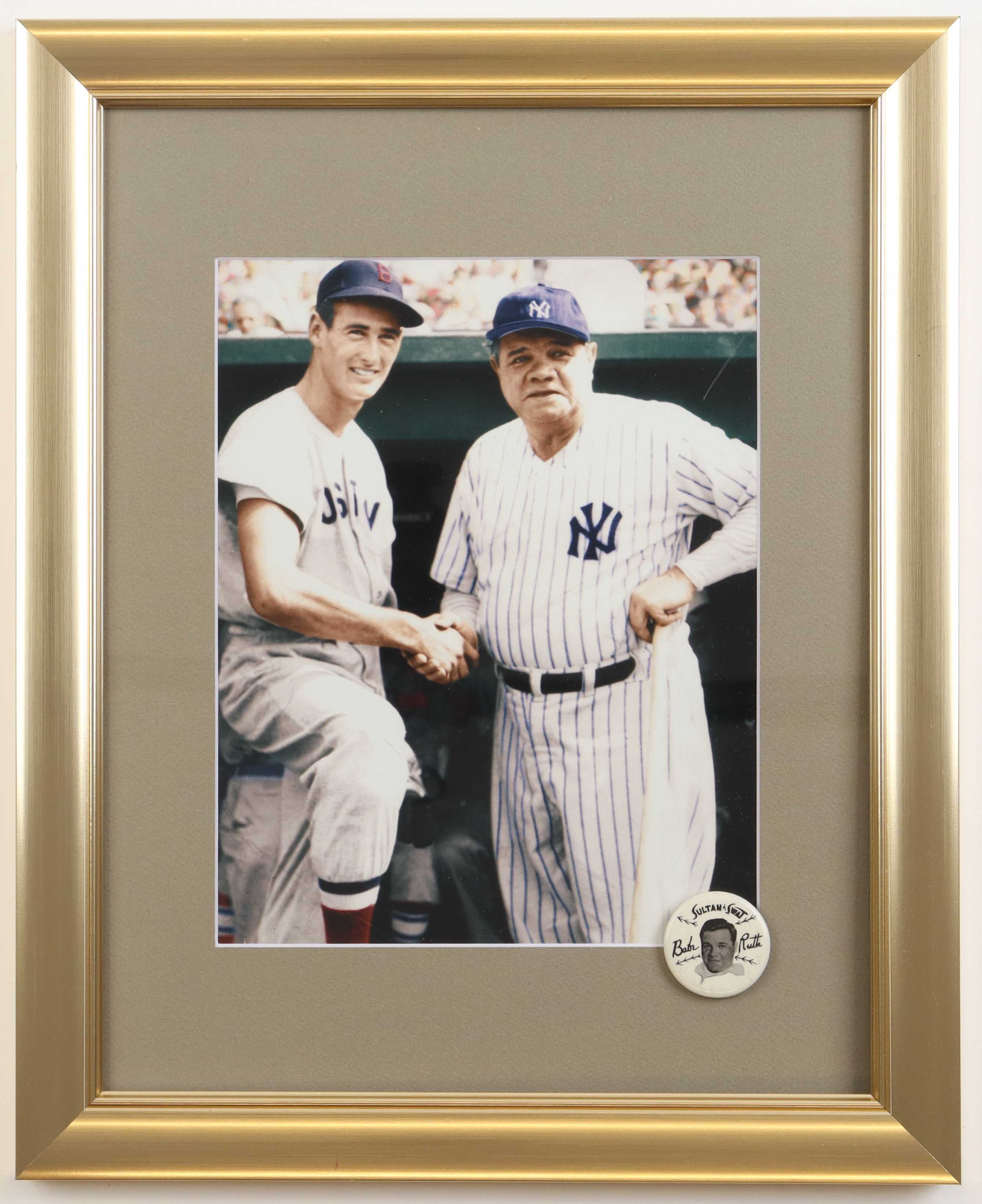 Babe Ruth Ted Williams Custom Framed Photo Display With Babe Ruth Lapel Pin Pristine Auction