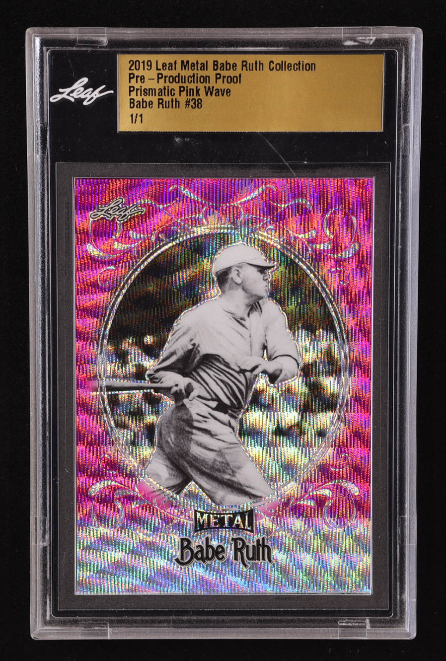 Babe Ruth Leaf Metal Babe Ruth Collection Pre Production Proof Prismatic Pink Wave