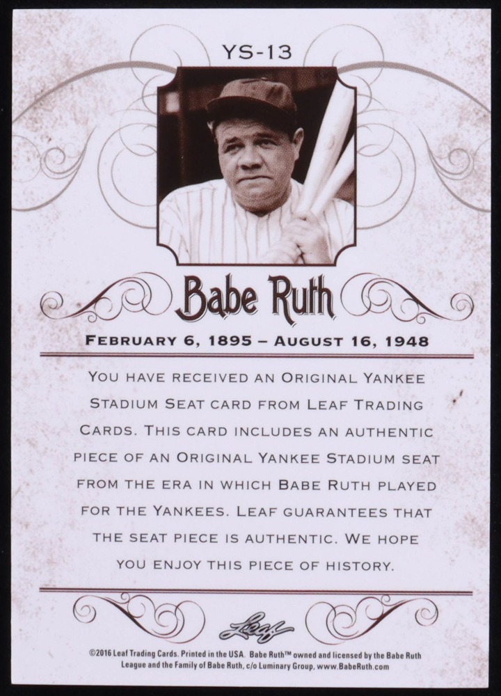 Babe Ruth Leaf Babe Ruth Collection Yankee Stadium Seat Silver YS Pristine Auction