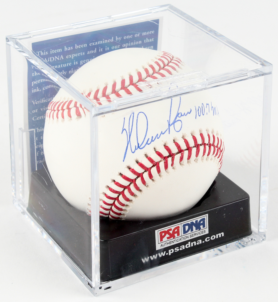 Nolan Ryan Signed OML Baseball Inscribed "100.7 MPH Fastball" with Display Case (PSA COA - Autograph Graded 10) at PristineAuction.com Nolan Ryan Signed OML Baseball Inscribed "100.7 MPH Fastball" with Display Case (PSA COA - Autograph Graded 10) at PristineAuction.com