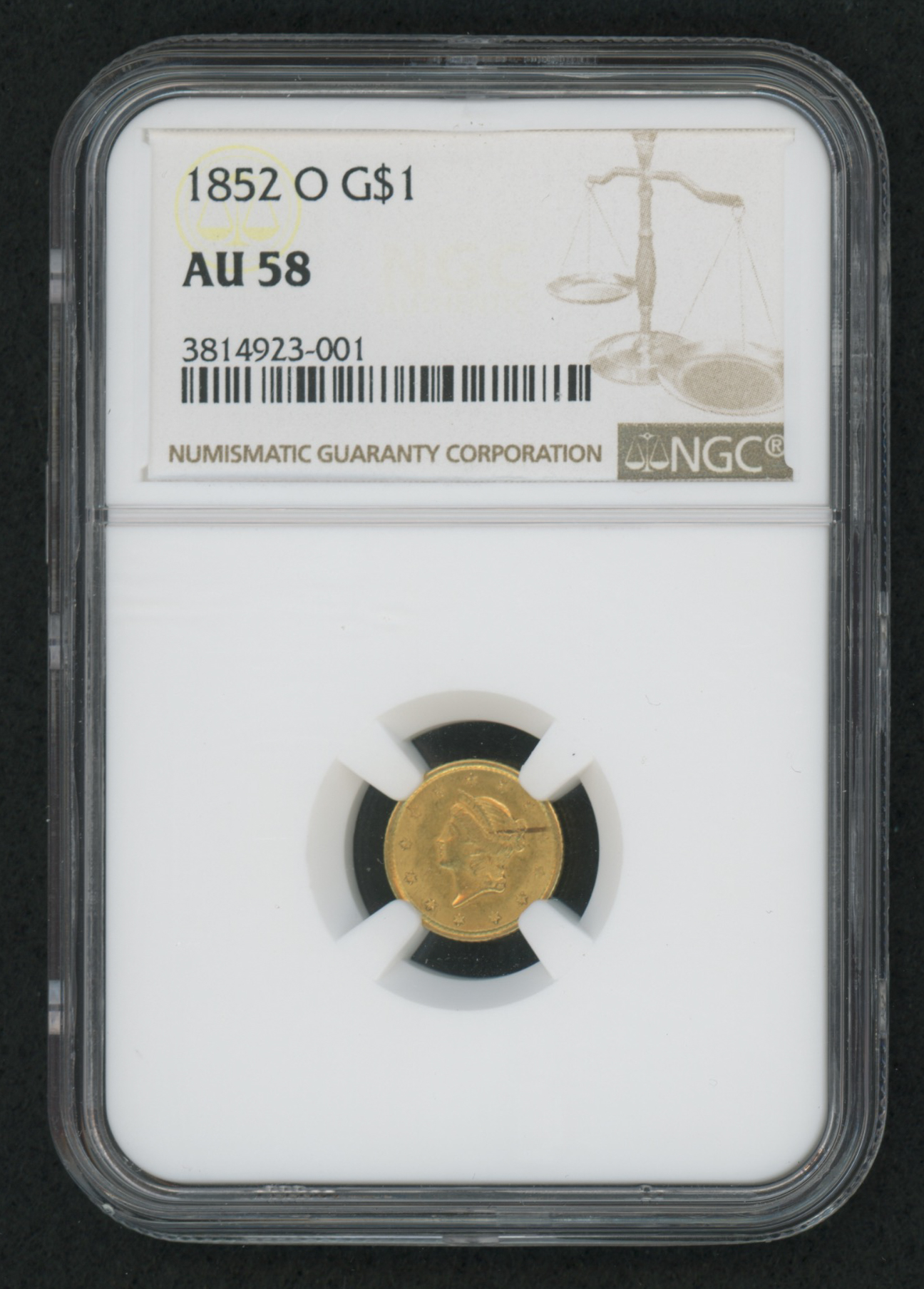 1852-O $1 One Dollar Liberty Head Gold Coin (NGC AU 58) at PristineAuction.com 1852-O $1 One Dollar Liberty Head Gold Coin (NGC AU 58) at PristineAuction.com