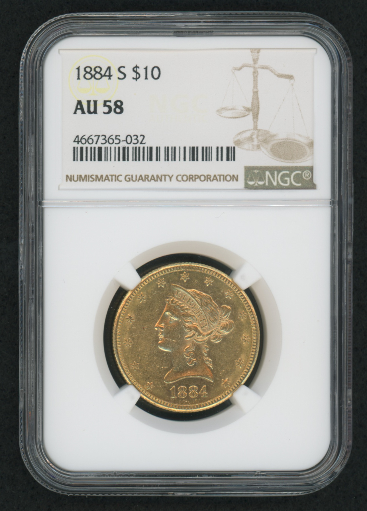 1884-S $10 Ten Dollars Liberty Head Eagle Gold Coin (NGC AU 58) at PristineAuction.com 1884-S $10 Ten Dollars Liberty Head Eagle Gold Coin (NGC AU 58) at PristineAuction.com