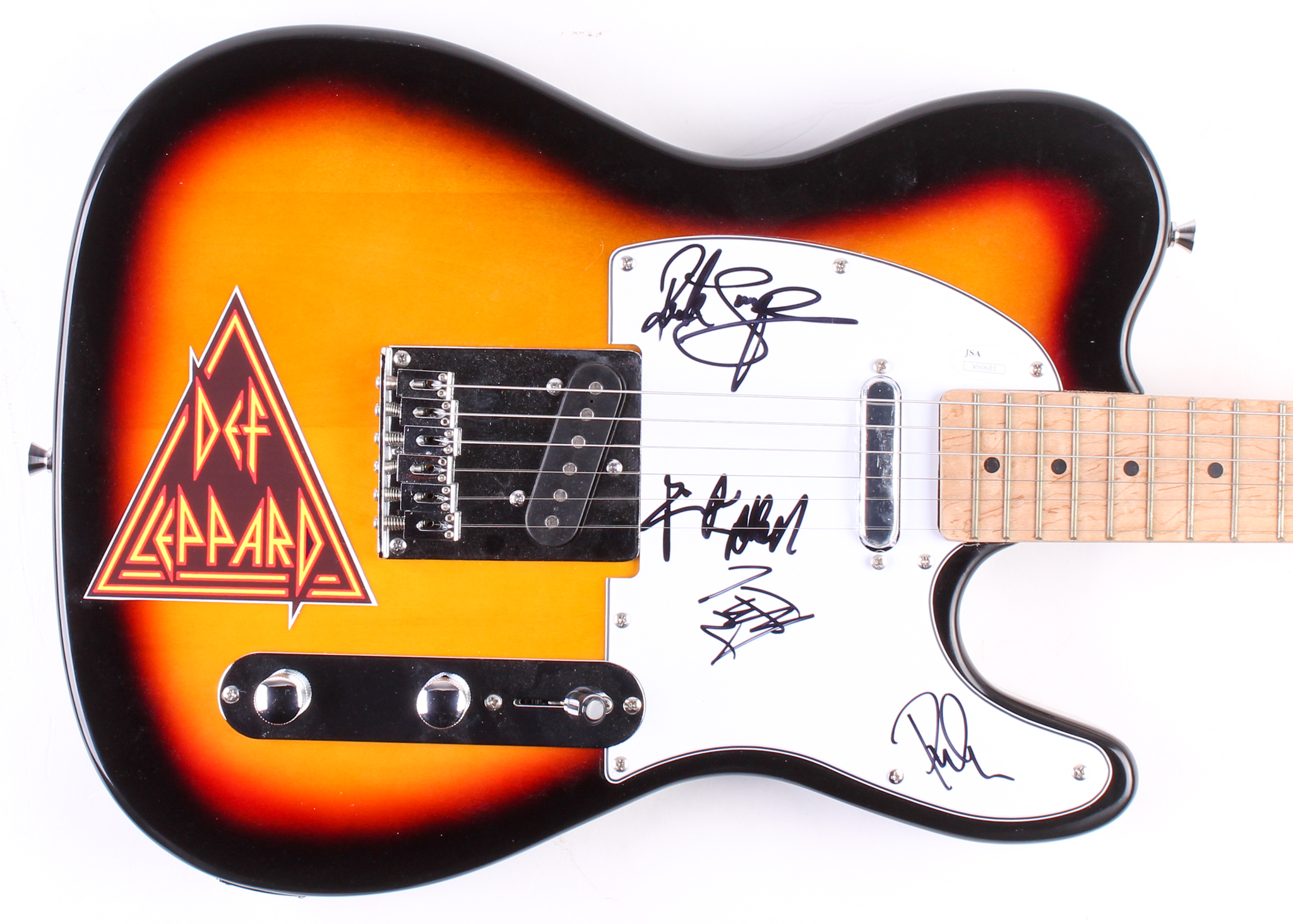 Def Leppard Full-Size Electic Guitar Band-Signed by (4) with Joe Elliott, Rick Savage, Rick Allen, Phil Collen (JSA COA) at PristineAuction.com Def Leppard Full-Size Electic Guitar Band-Signed by (4) with Joe Elliott, Rick Savage, Rick Allen, Phil Collen (JSA COA) at PristineAuction.com