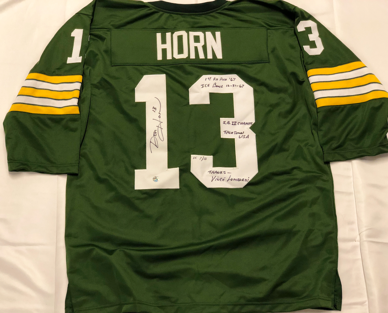 Don Horn Signed Packers Limited Edition Jersey Inscribed "1ST Ro Pick '67", "ICE BOWL 12-31-67", "S.B. II CHAMPS", "TITLETOWN USA" & "THANKS - VINCE LOMBARDI" (TPL Hologram) at PristineAuction.com Don Horn Signed Packers Limited Edition Jersey Inscribed "1ST Ro Pick '67", "ICE BOWL 12-31-67", "S.B. II CHAMPS", "TITLETOWN USA" & "THANKS - VINCE LOMBARDI" (TPL Hologram) at PristineAuction.com
