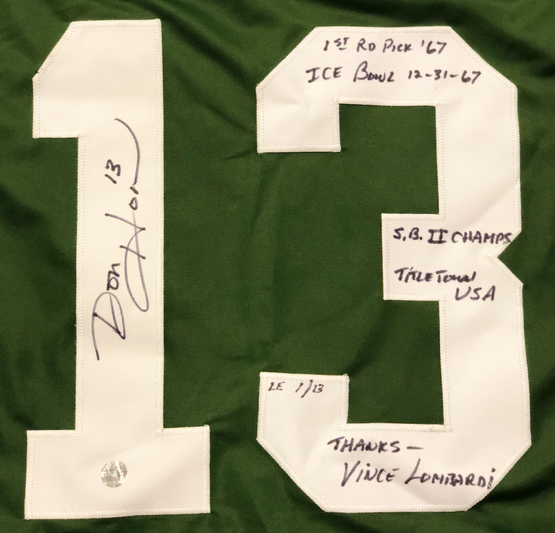 Don Horn Signed Packers Limited Edition Jersey Inscribed "1ST Ro Pick '67", "ICE BOWL 12-31-67", "S.B. II CHAMPS", "TITLETOWN USA" & "THANKS - VINCE LOMBARDI" (TPL Hologram) at PristineAuction.com Don Horn Signed Packers Limited Edition Jersey Inscribed "1ST Ro Pick '67", "ICE BOWL 12-31-67", "S.B. II CHAMPS", "TITLETOWN USA" & "THANKS - VINCE LOMBARDI" (TPL Hologram) at PristineAuction.com