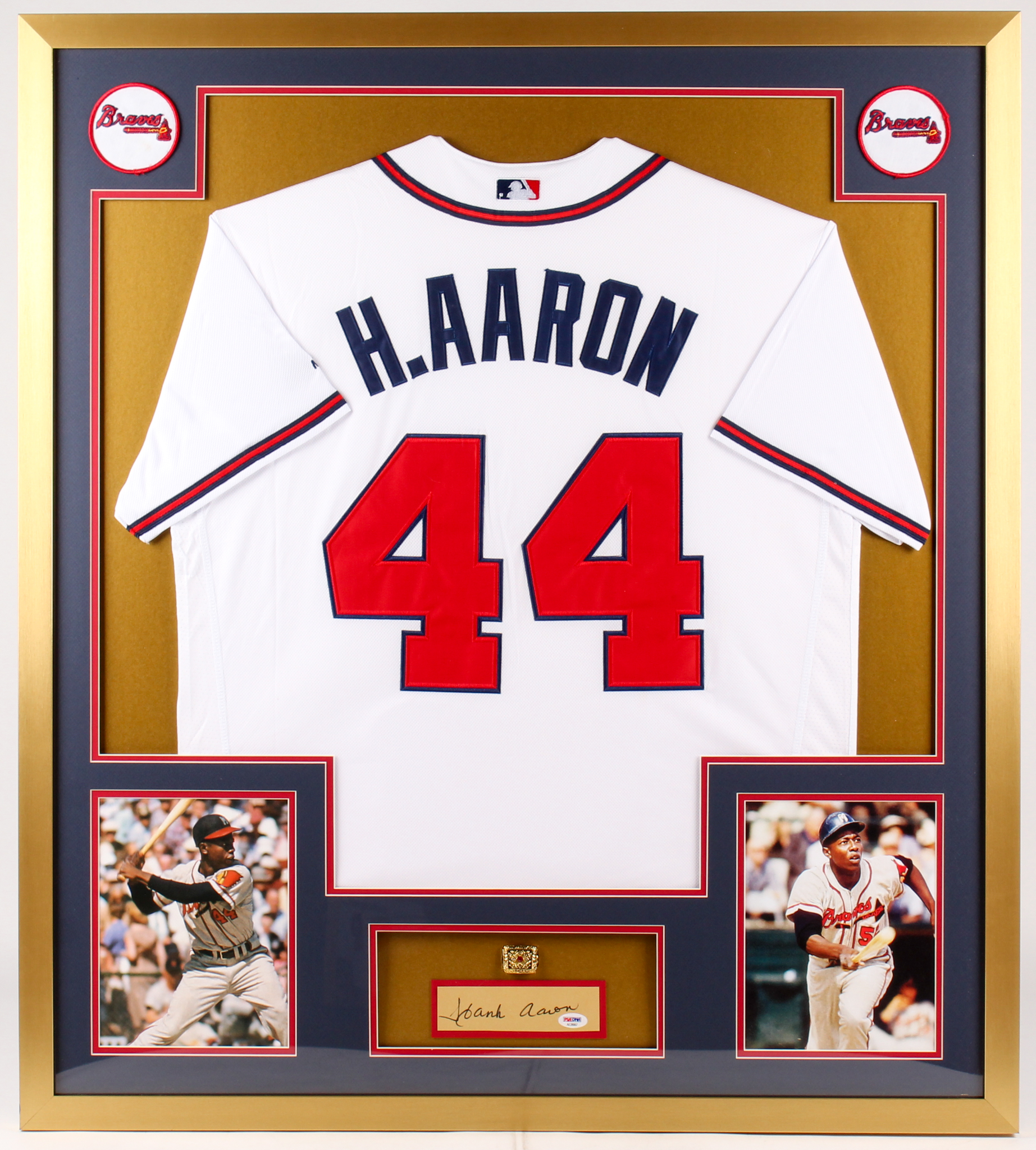 Hank Aaron Signed Braves 34x38 Custom Framed Cut Display with Championship Ring (PSA COA) at PristineAuction.com Hank Aaron Signed Braves 34x38 Custom Framed Cut Display with Championship Ring (PSA COA) at PristineAuction.com