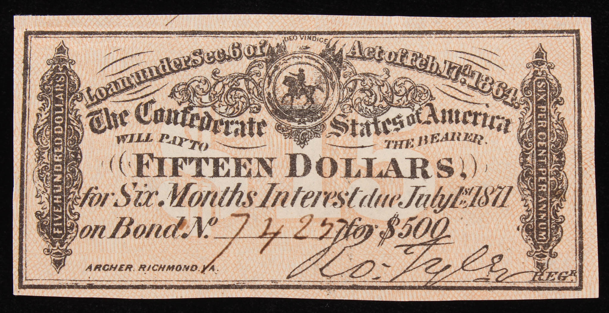 1871 $15 Fifteen Dollars Confederate States of America Bank Note Bill ...