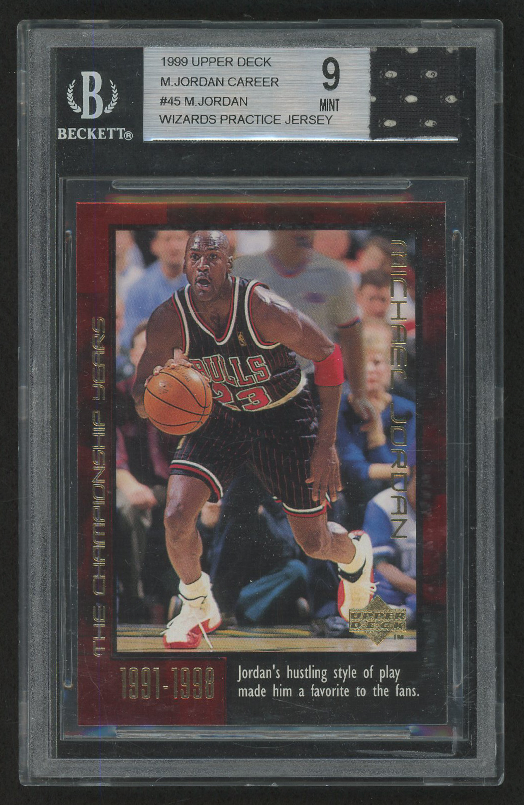 1999 Upper Deck Michael Jordan Career #45 Michael Jordan / The Championship Years with Game-Used Jersey (BGS 9) at PristineAuction.com 1999 Upper Deck Michael Jordan Career #45 Michael Jordan / The Championship Years with Game-Used Jersey (BGS 9) at PristineAuction.com