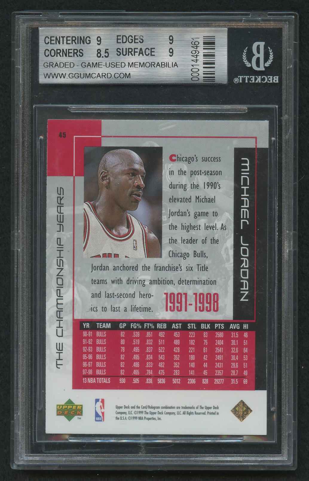 1999 Upper Deck Michael Jordan Career #45 Michael Jordan / The Championship Years with Game-Used Jersey (BGS 9) at PristineAuction.com 1999 Upper Deck Michael Jordan Career #45 Michael Jordan / The Championship Years with Game-Used Jersey (BGS 9) at PristineAuction.com