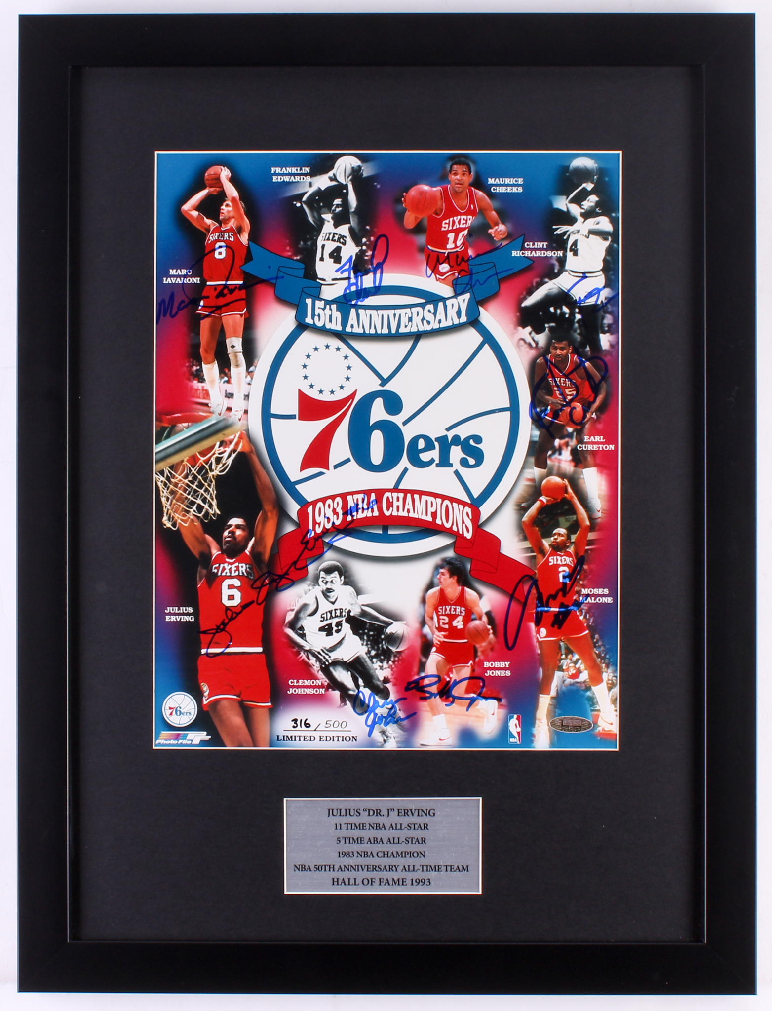 76ers 1983 NBA World Champions LE 17x22.5 Custom Framed Display Team-Signed by (9) with Julius Erving, Bobby Jones, Clemon Johnson, Earl Cureton, Clint Richardson (TriStar Hologram) at PristineAuction.com 76ers 1983 NBA World Champions LE 17x22.5 Custom Framed Display Team-Signed by (9) with Julius Erving, Bobby Jones, Clemon Johnson, Earl Cureton, Clint Richardson (TriStar Hologram) at PristineAuction.com