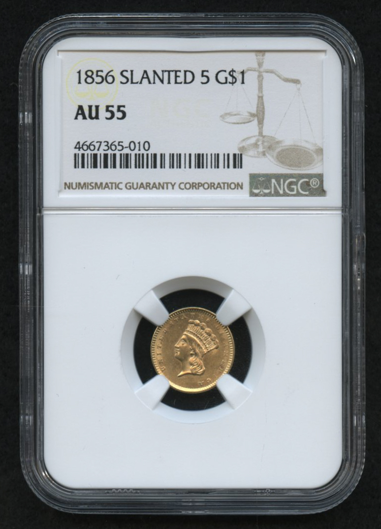 1856 $1 One Dollar Liberty Head Gold Coin, Slanted 5 (NGC AU 55) at PristineAuction.com 1856 $1 One Dollar Liberty Head Gold Coin, Slanted 5 (NGC AU 55) at PristineAuction.com