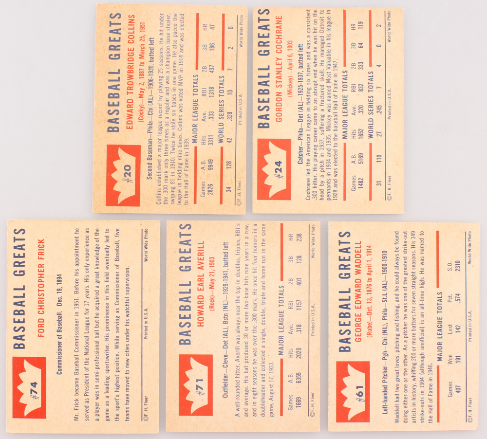 Lot of (18) 1960 Fleer Baseball Cards with #20 Eddie Collins, #24 Mickey  Cochrane,#74 Ford Frick, #71 Earl Averill, #61 Rube Waddell | Pristine  Auction