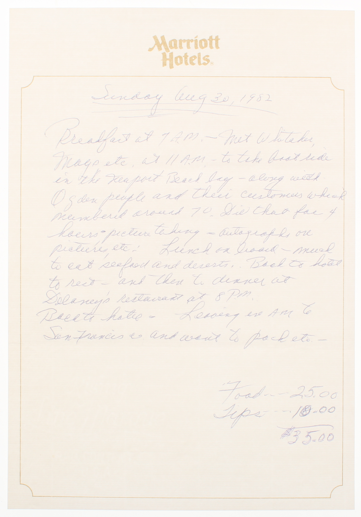 Joe DiMaggio "Marriott Hotels" 7x10 Handwritten Diary Page (Steiner LOA) at PristineAuction.com Joe DiMaggio "Marriott Hotels" 7x10 Handwritten Diary Page (Steiner LOA) at PristineAuction.com