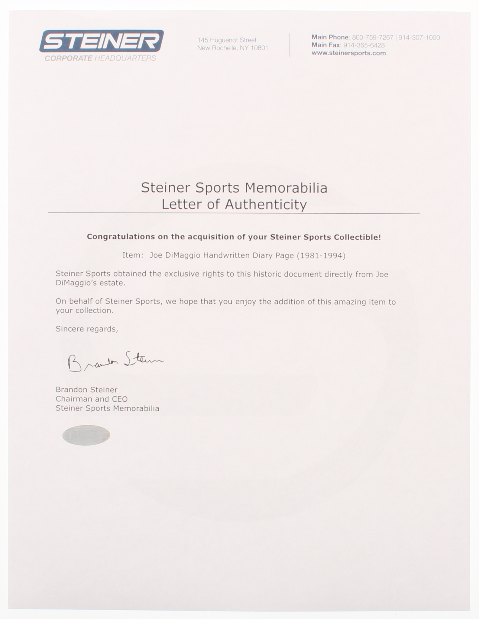 Joe DiMaggio "Marriott Hotels" 7x10 Handwritten Diary Page (Steiner LOA) at PristineAuction.com Joe DiMaggio "Marriott Hotels" 7x10 Handwritten Diary Page (Steiner LOA) at PristineAuction.com