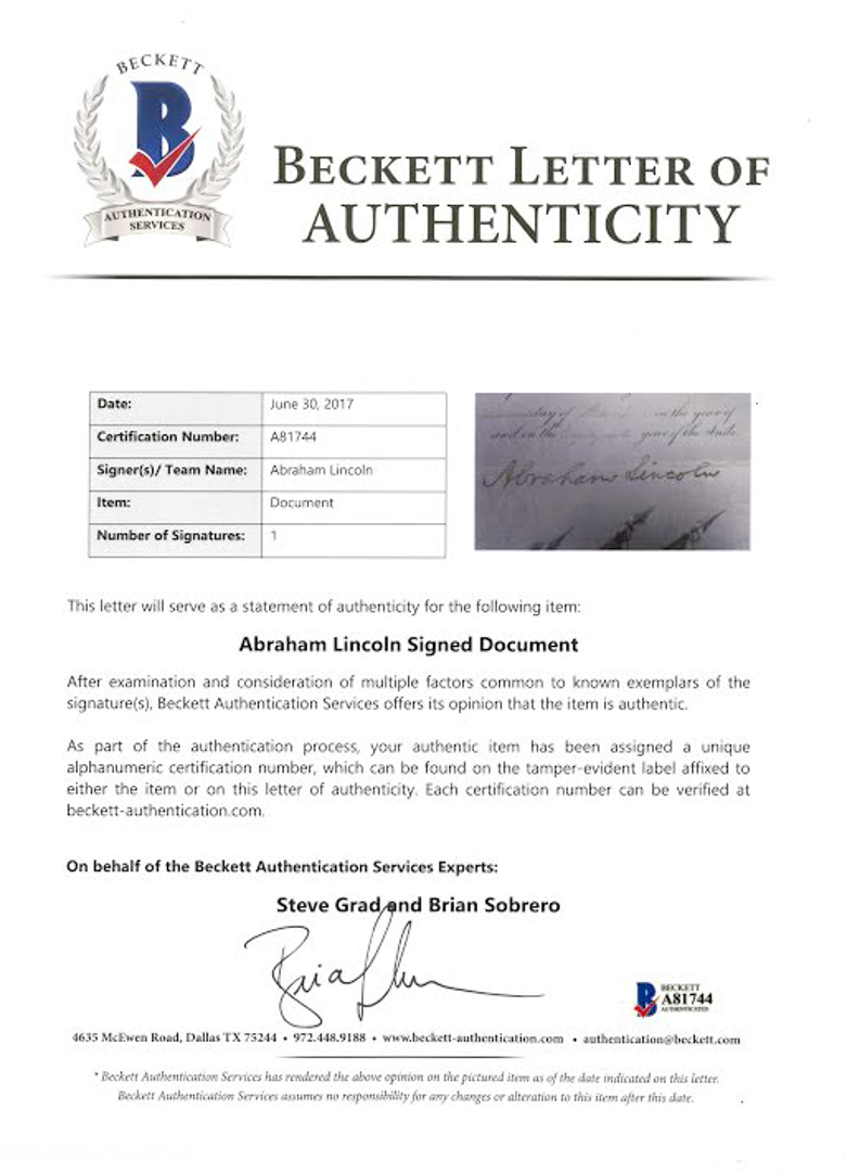 Abraham Lincoln Signed Document (Beckett LOA) at PristineAuction.com Abraham Lincoln Signed Document (Beckett LOA) at PristineAuction.com