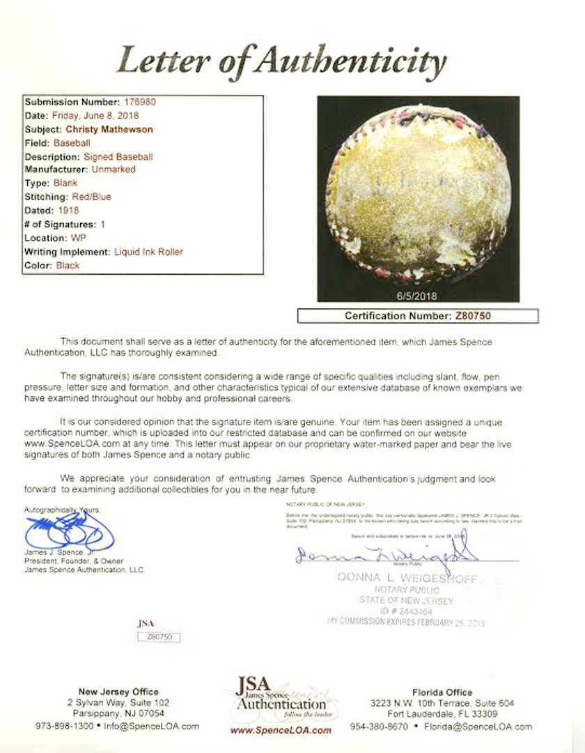 Christy Mathewson Signed Red & Black Stitched Baseball Inscribed "March 1918" (JSA LOA) at PristineAuction.com Christy Mathewson Signed Red & Black Stitched Baseball Inscribed "March 1918" (JSA LOA) at PristineAuction.com