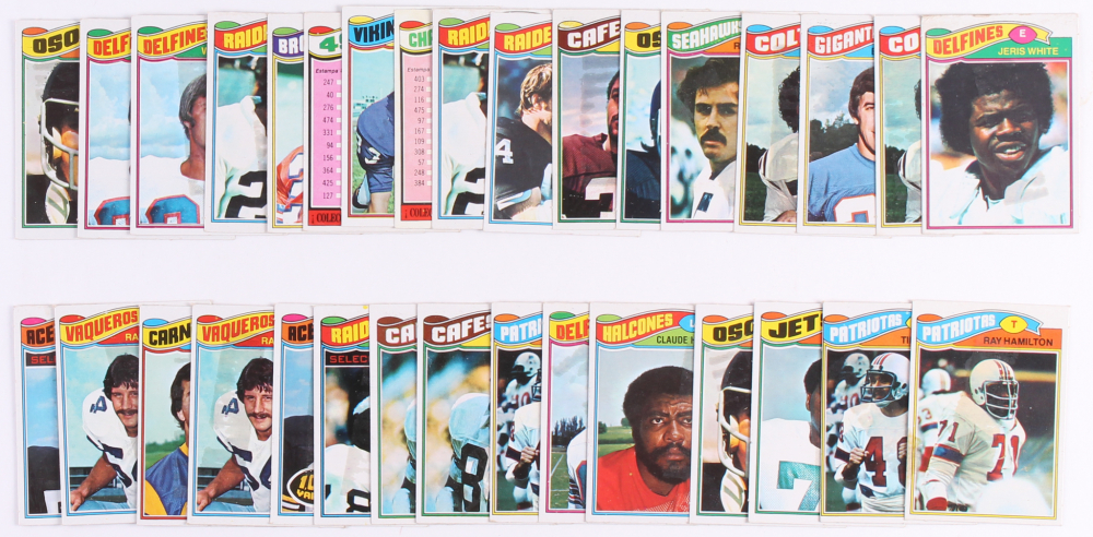 Lot of (32) 1977 Topps Mexican Football Cards with #140 Jack Ham, #281 Rocky Bleier, #342 Randy White, #108 John Cappelletti