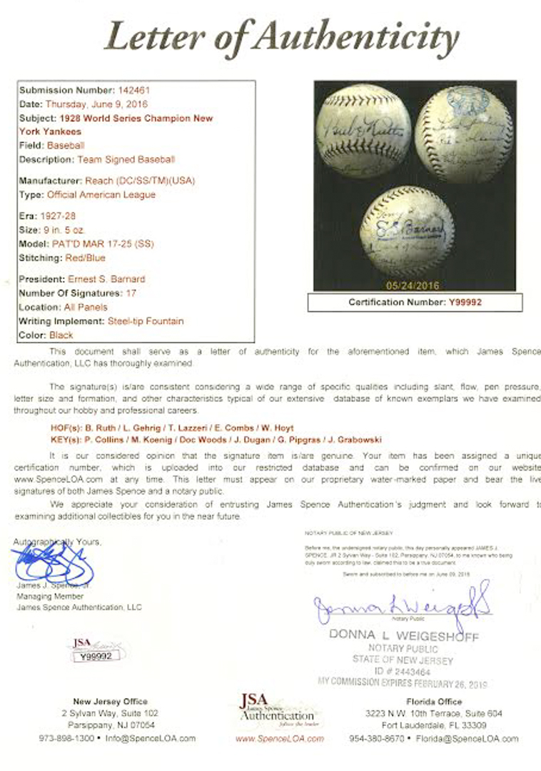 1928 New York Yankees Team-Signed OAL Baseball with (17) Signatures Including Babe Ruth, Lou Gehrig, Tony Lazzeri, Waite Hoy, Earle Combs (JSA & PSA LOA) at PristineAuction.com 1928 New York Yankees Team-Signed OAL Baseball with (17) Signatures Including Babe Ruth, Lou Gehrig, Tony Lazzeri, Waite Hoy, Earle Combs (JSA & PSA LOA) at PristineAuction.com