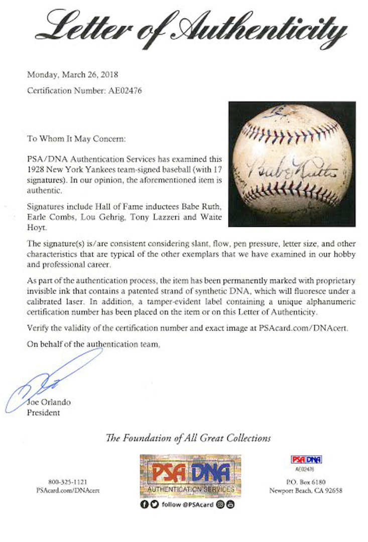 1928 New York Yankees Team-Signed OAL Baseball with (17) Signatures Including Babe Ruth, Lou Gehrig, Tony Lazzeri, Waite Hoy, Earle Combs (JSA & PSA LOA) at PristineAuction.com 1928 New York Yankees Team-Signed OAL Baseball with (17) Signatures Including Babe Ruth, Lou Gehrig, Tony Lazzeri, Waite Hoy, Earle Combs (JSA & PSA LOA) at PristineAuction.com