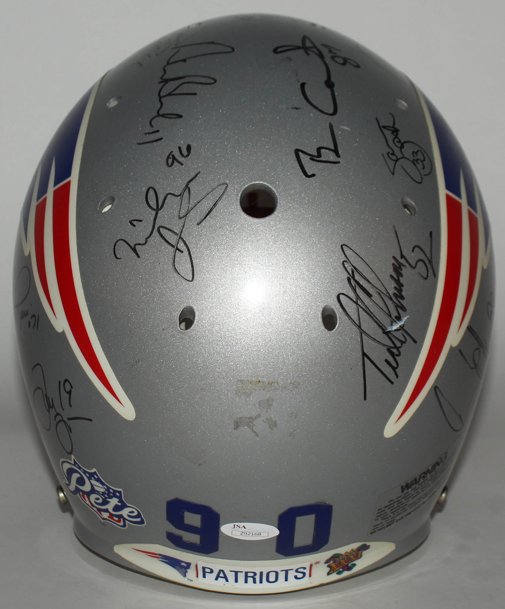 Patriots 1996 AFC Champions Full-Size Helmet Team-Signed by (15) with Ty Law, Ben Coates, Drew Bledsoe, Ted Johnson (JSA LOA) at PristineAuction.com Patriots 1996 AFC Champions Full-Size Helmet Team-Signed by (15) with Ty Law, Ben Coates, Drew Bledsoe, Ted Johnson (JSA LOA) at PristineAuction.com
