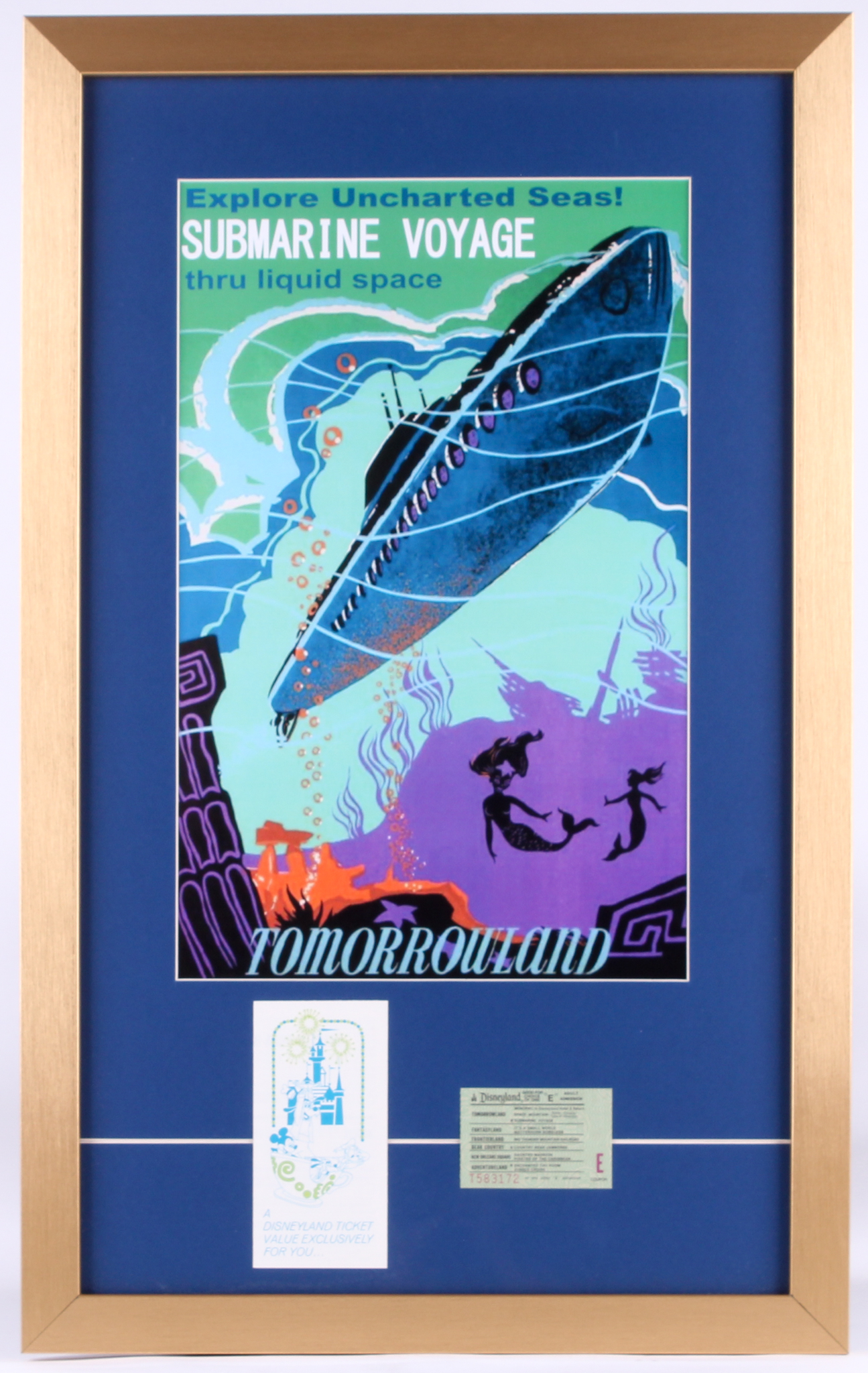 Disneyland's Tomorrowland "Submarine Voyage" 17.5x25 Custom Framed Poster Print Display with Vintage Ticket at PristineAuction.com Disneyland's Tomorrowland "Submarine Voyage" 17.5x25 Custom Framed Poster Print Display with Vintage Ticket at PristineAuction.com