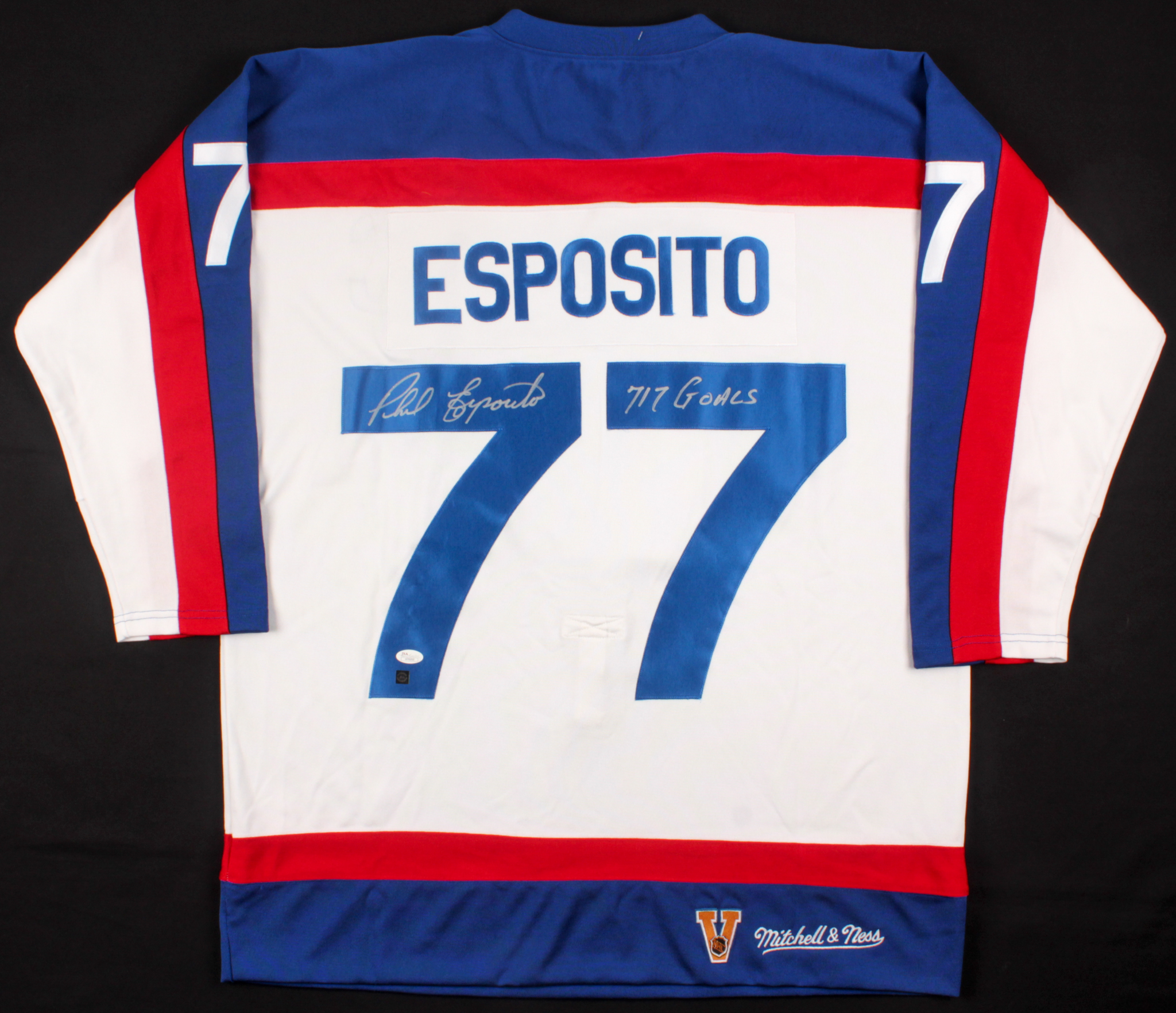 Phil Esposito Signed Rangers Mitchell & Ness Captain Jersey Inscribed "717 Goals" (JSA COA) at PristineAuction.com Phil Esposito Signed Rangers Mitchell & Ness Captain Jersey Inscribed "717 Goals" (JSA COA) at PristineAuction.com