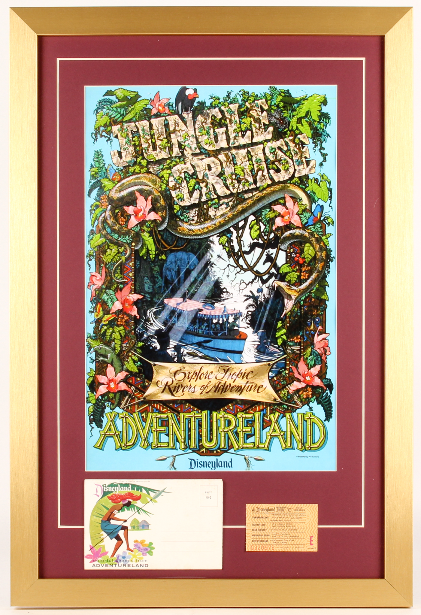 Disneyland Adventureland "Jungle Cruise" 17.5x26 Custom Framed Poster Print Display with Vintage Child Ticket & Envelope at PristineAuction.com Disneyland Adventureland "Jungle Cruise" 17.5x26 Custom Framed Poster Print Display with Vintage Child Ticket & Envelope at PristineAuction.com