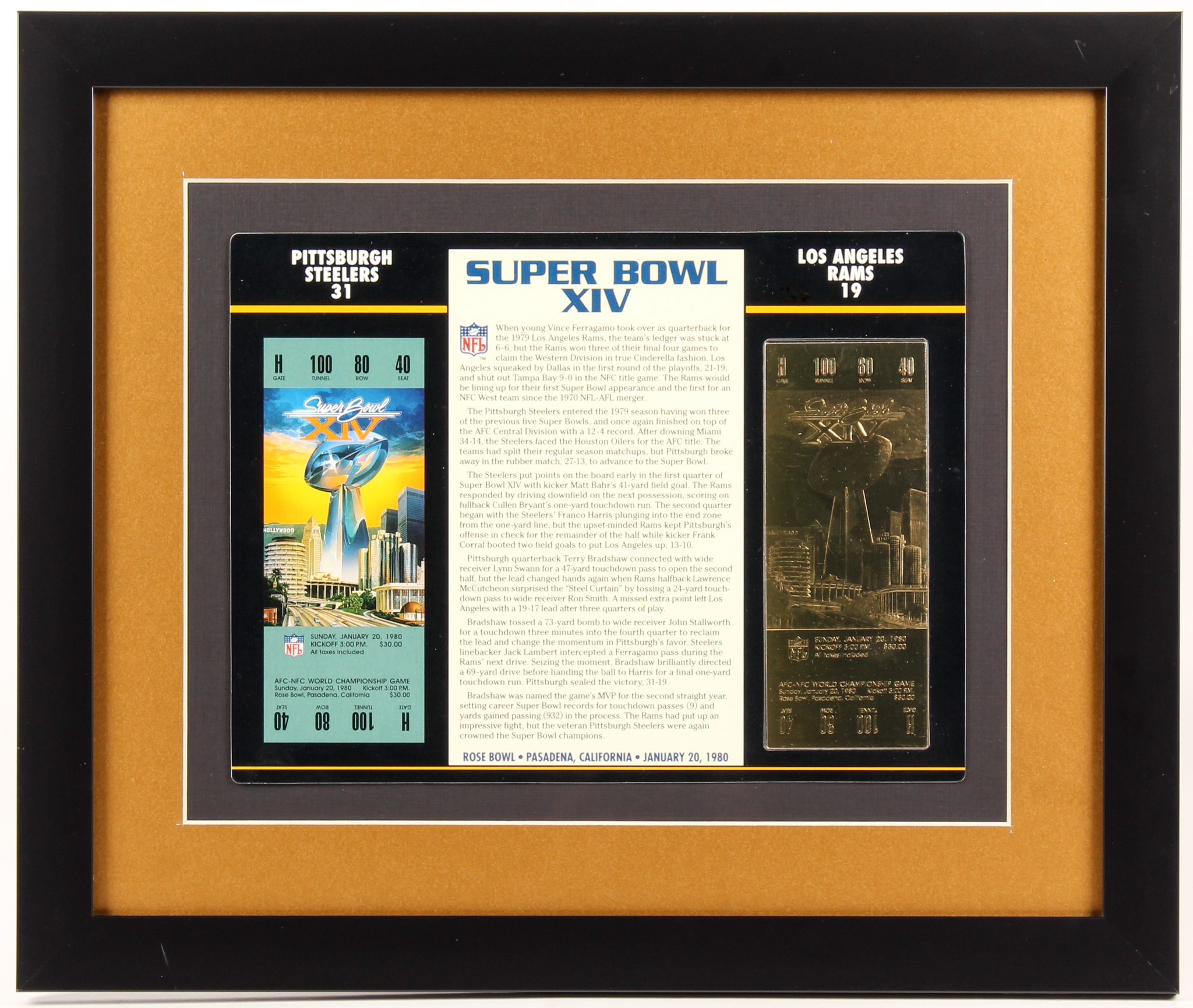 Commemorative Super Bowl XIV 16x19 Score Card With 22kt Gold Ticket at PristineAuction.com Commemorative Super Bowl XIV 16x19 Score Card With 22kt Gold Ticket at PristineAuction.com