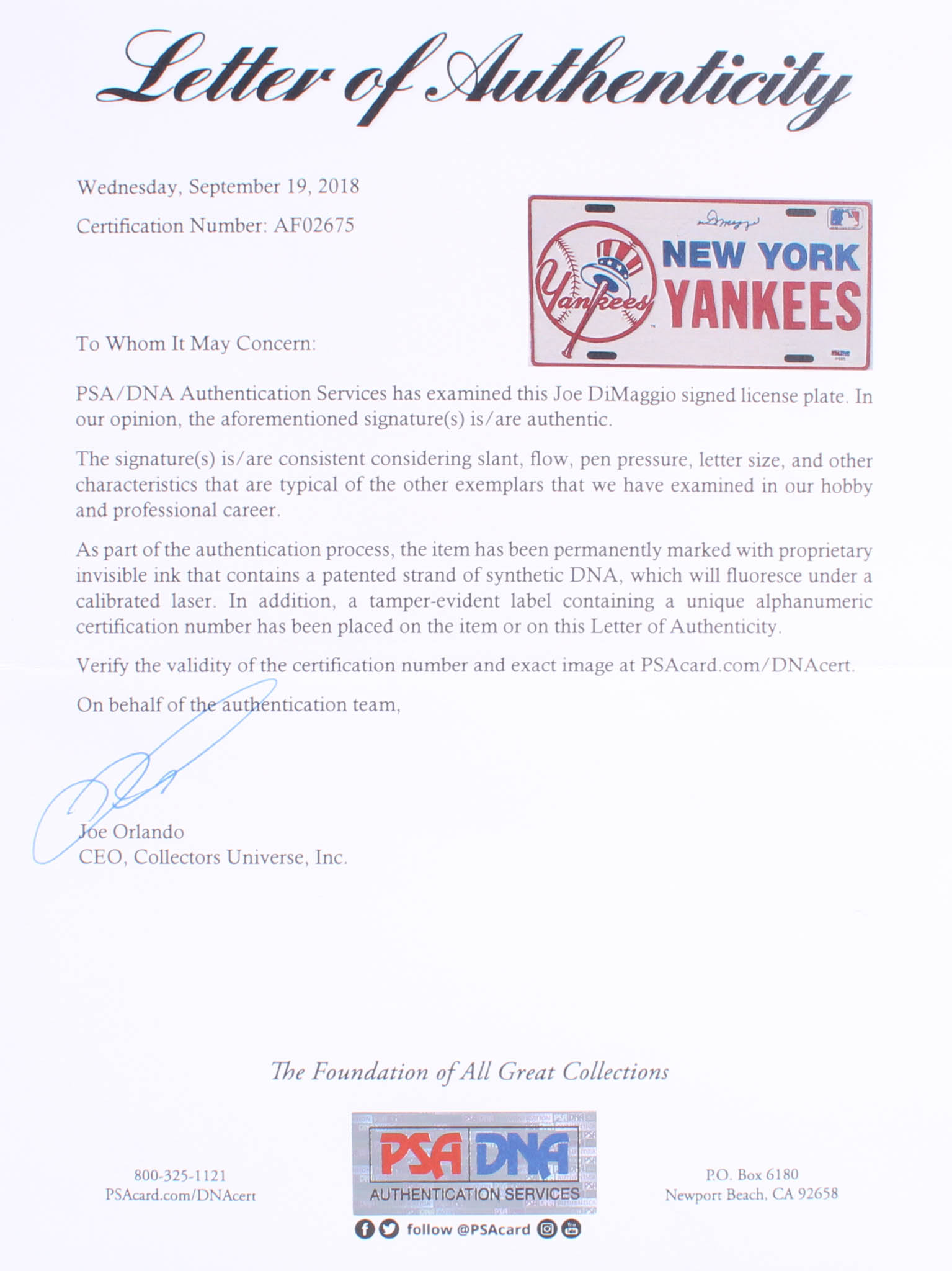 Joe DiMaggio Signed Yankees License Plate (PSA LOA) at PristineAuction.com Joe DiMaggio Signed Yankees License Plate (PSA LOA) at PristineAuction.com