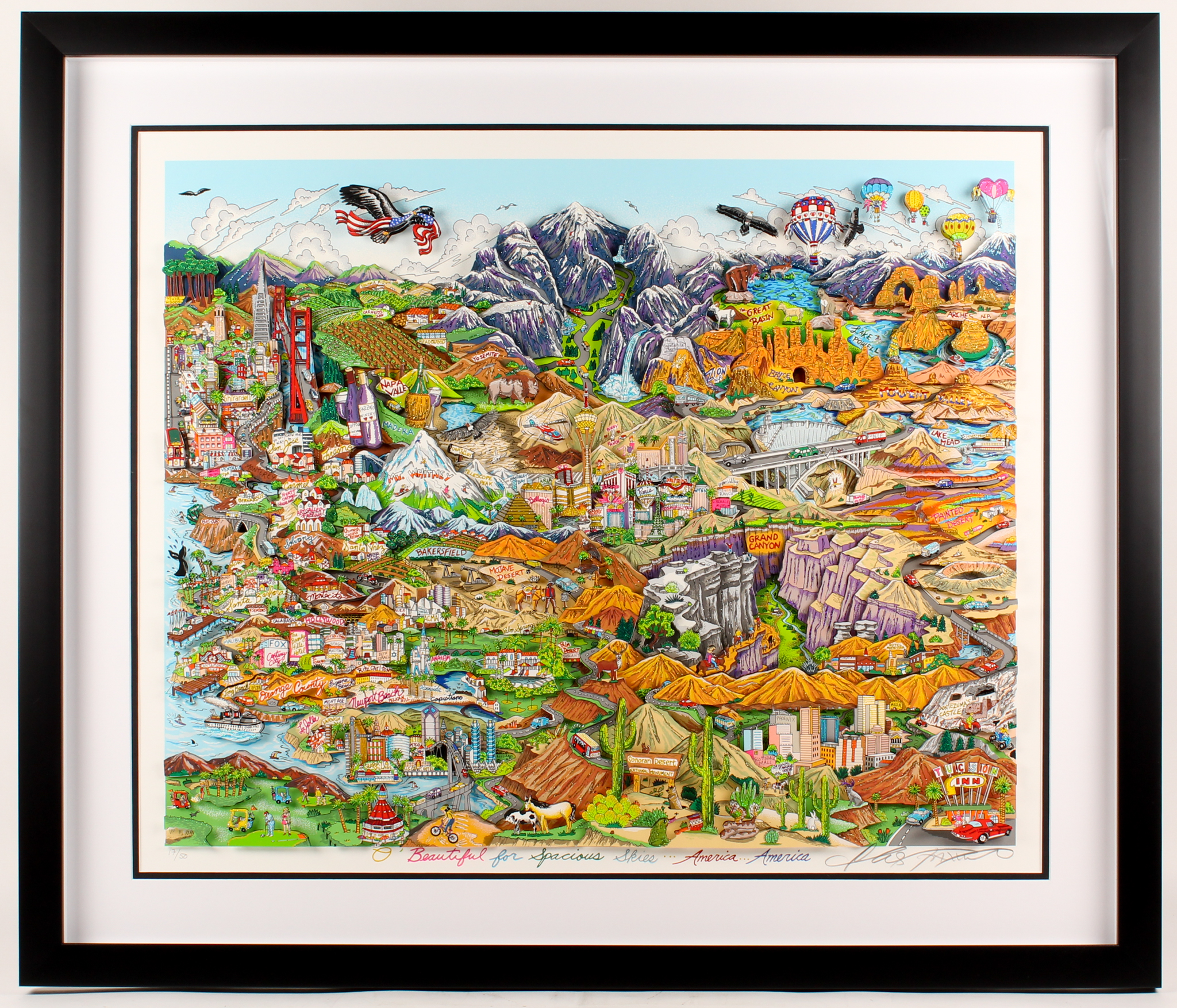 Charles Fazzino Signed "O Beautiful For Spacious Skies of America" 34.5x40.5 Custom Framed 3D Artwork Display (PA LOA) at PristineAuction.com Charles Fazzino Signed "O Beautiful For Spacious Skies of America" 34.5x40.5 Custom Framed 3D Artwork Display (PA LOA) at PristineAuction.com