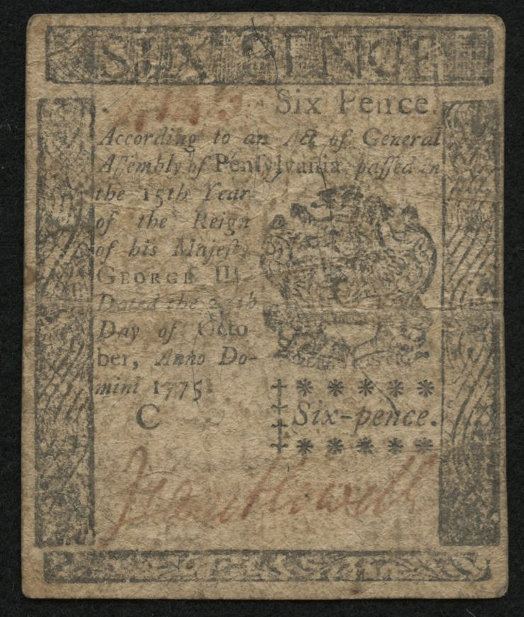 1775 Six Pence Pennsylvania Colonial Currency Note at PristineAuction.com 1775 Six Pence Pennsylvania Colonial Currency Note at PristineAuction.com