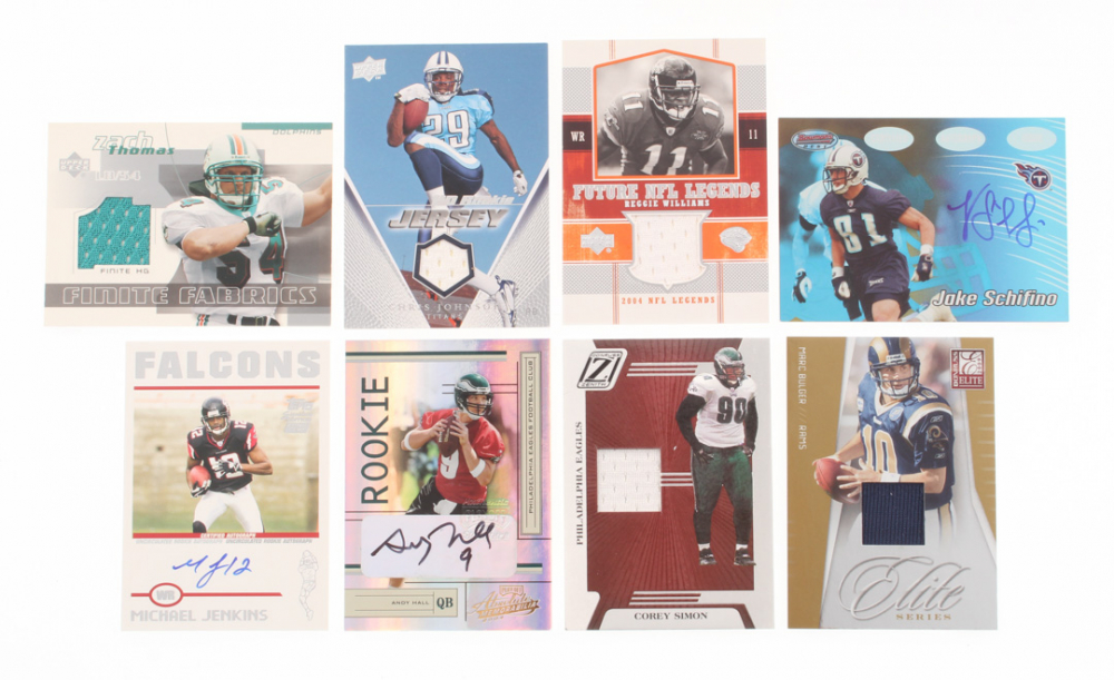 Lot of (8) NFL Autograph & Memorabilia Cards with 2004 Topps Signature #89 Michael Jenkins AU/1499 RC &  2004 Absolute Memorabilia #152 Andy Hall AU RC