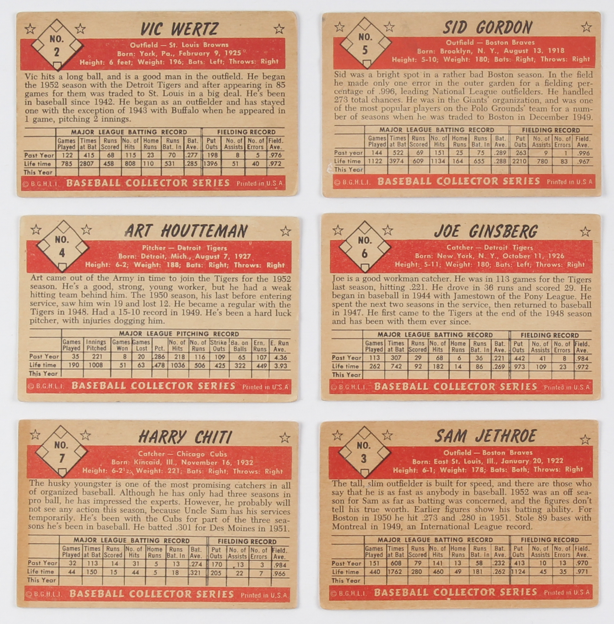 Lot of (6) 1953 Bowman Color Baseball Cards With #2 Vic Wertz, #3 Sam Jethroe, #4 Art Houtteman, #5 Sid Gordon, #6 Joe Ginsberg, #7 Harry Chiti RC at PristineAuction.com Lot of (6) 1953 Bowman Color Baseball Cards With #2 Vic Wertz, #3 Sam Jethroe, #4 Art Houtteman, #5 Sid Gordon, #6 Joe Ginsberg, #7 Harry Chiti RC at PristineAuction.com