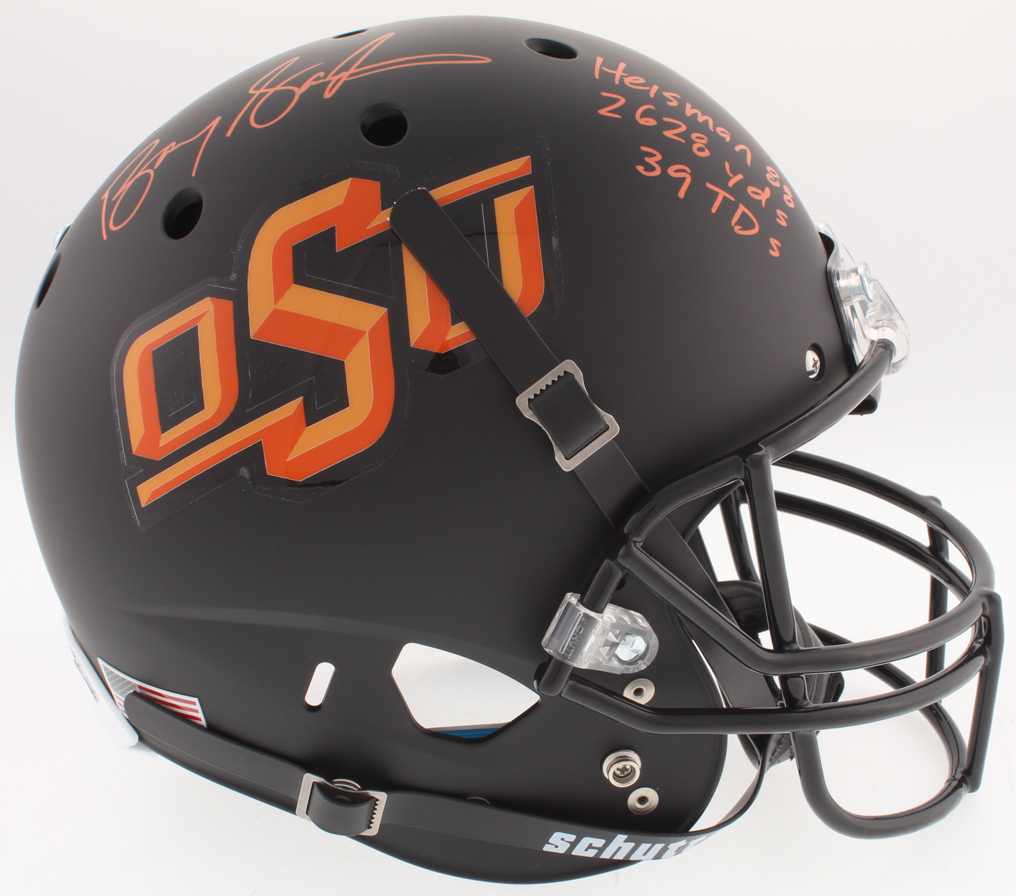 Barry Sanders Signed Oklahoma State Cowboys Custom Matte Black Full-Size Helmet Inscribed "Heisman 88", "2628 yds" & "39 TD's" (Schwartz COA) at PristineAuction.com Barry Sanders Signed Oklahoma State Cowboys Custom Matte Black Full-Size Helmet Inscribed "Heisman 88", "2628 yds" & "39 TD's" (Schwartz COA) at PristineAuction.com