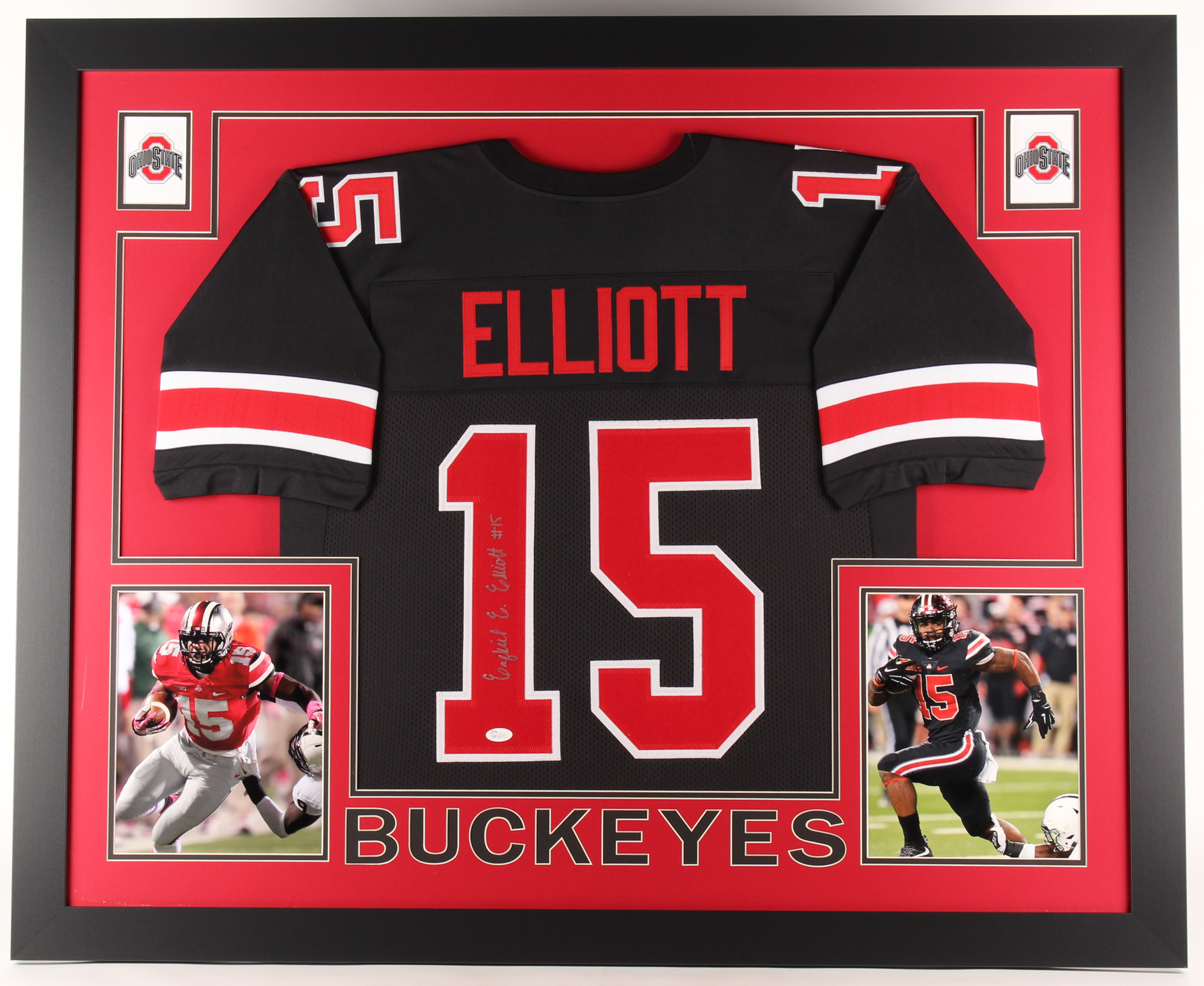 Ezekiel Elliott Signed Ohio State Buckeyes 35x43 Custom Framed Jersey (JSA COA) at PristineAuction.com Ezekiel Elliott Signed Ohio State Buckeyes 35x43 Custom Framed Jersey (JSA COA) at PristineAuction.com