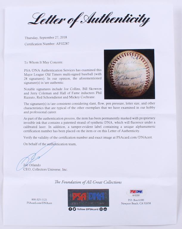 Major League Early Hall of Famers Spalding Baseball Signed by (28) with Mickey Cochrane, Bill Skowron, Red Schoendienst, Phil Rizzuto, Hank Bauer (PSA LOA) at PristineAuction.com Major League Early Hall of Famers Spalding Baseball Signed by (28) with Mickey Cochrane, Bill Skowron, Red Schoendienst, Phil Rizzuto, Hank Bauer (PSA LOA) at PristineAuction.com