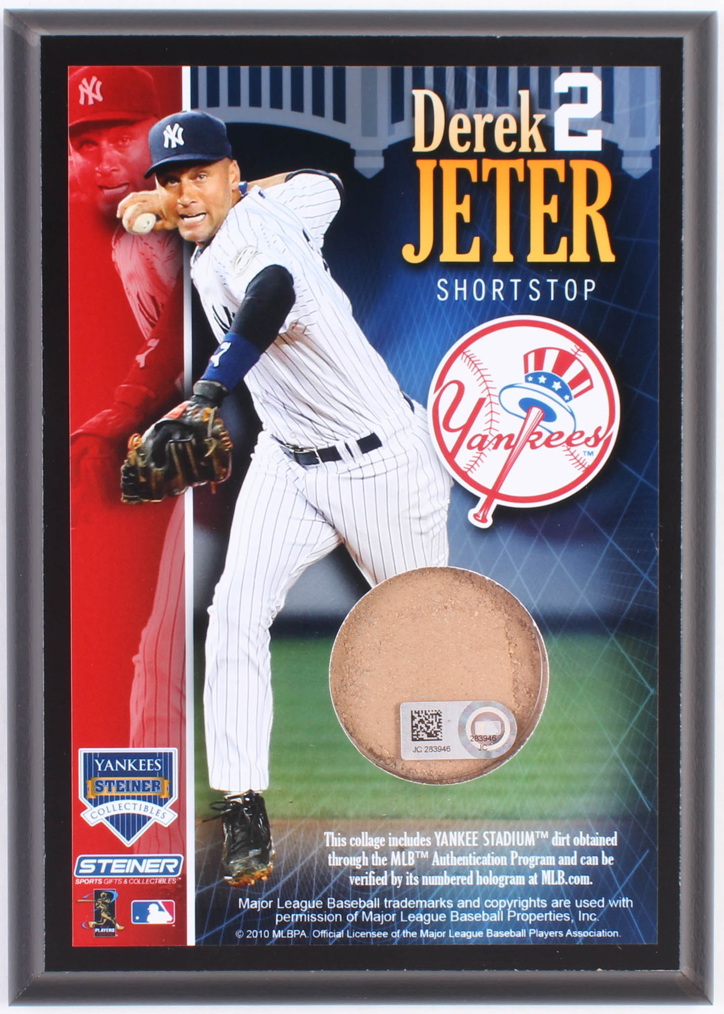 Derek Jeter "Shortstop" 5x7 Photo Plaque with Authentic Yankee Stadium Dirt (MLB Hologram & Steiner COA) at PristineAuction.com Derek Jeter "Shortstop" 5x7 Photo Plaque with Authentic Yankee Stadium Dirt (MLB Hologram & Steiner COA) at PristineAuction.com