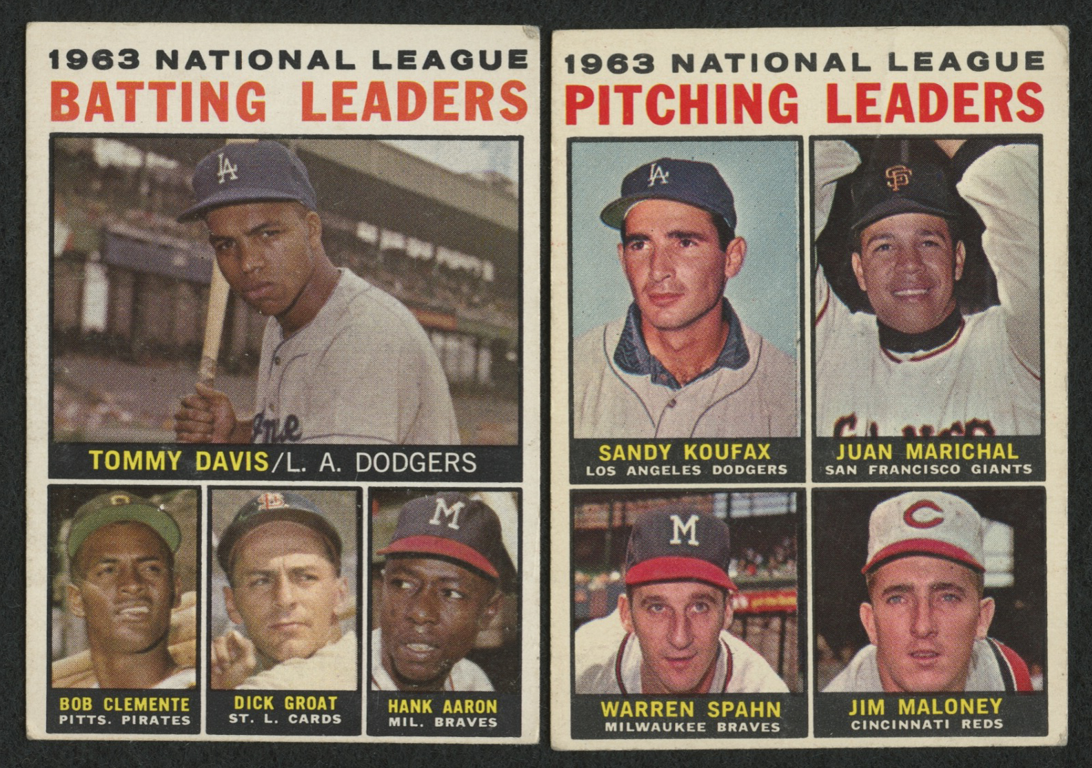 Lot of (2) 1964 Topps Baseball Cards with #7 NL Batting Leaders / Tommy Davis / Roberto Clemente / Dick Groat / Hank Aaron & #3 NL Pitching Leaders / Sandy Koufax / Juan Marichal / Warren Spahn / Jim Maloney at PristineAuction.com Lot of (2) 1964 Topps Baseball Cards with #7 NL Batting Leaders / Tommy Davis / Roberto Clemente / Dick Groat / Hank Aaron & #3 NL Pitching Leaders / Sandy Koufax / Juan Marichal / Warren Spahn / Jim Maloney at PristineAuction.com