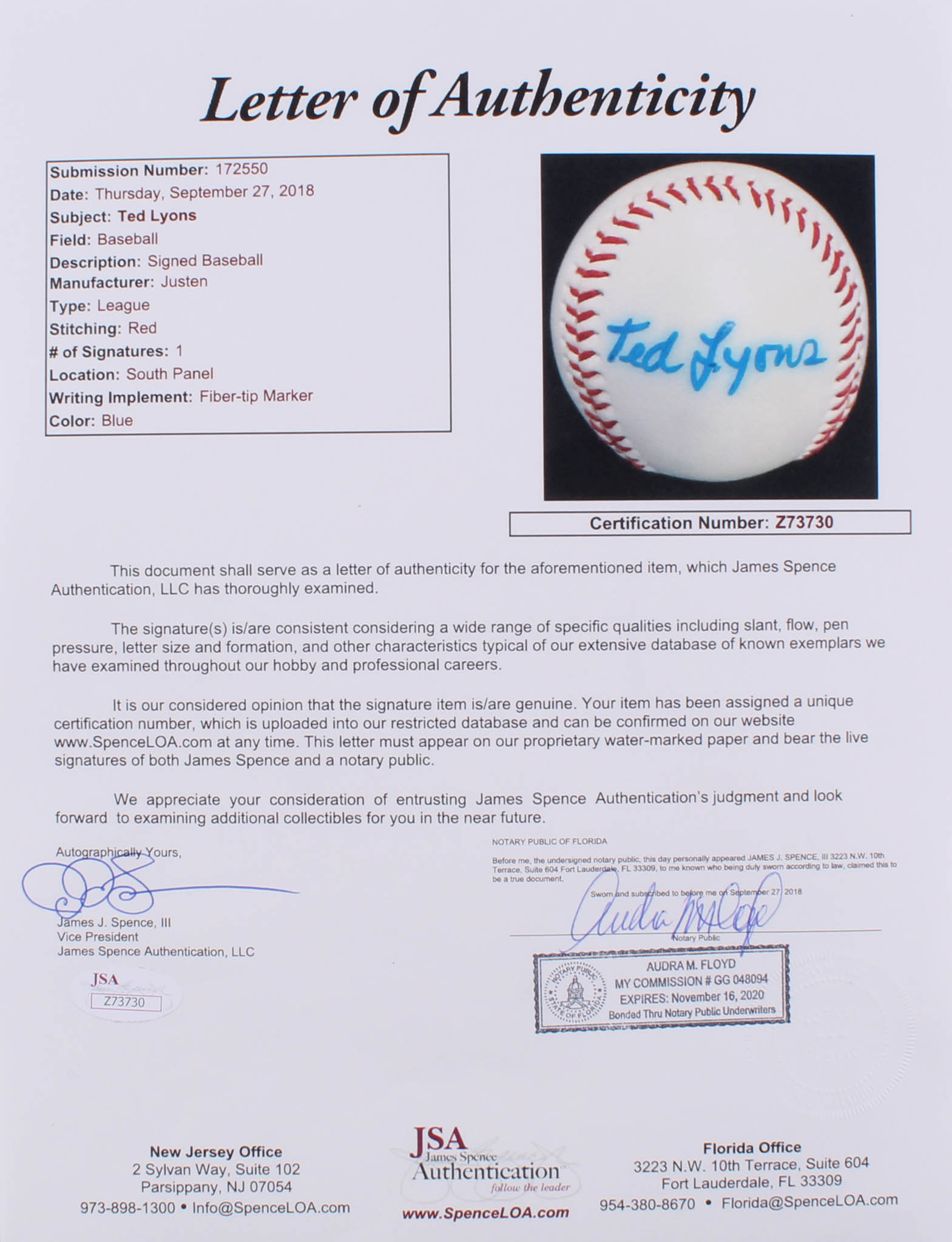 Ted Lyons Signed Baseball (JSA LOA) at PristineAuction.com Ted Lyons Signed Baseball (JSA LOA) at PristineAuction.com