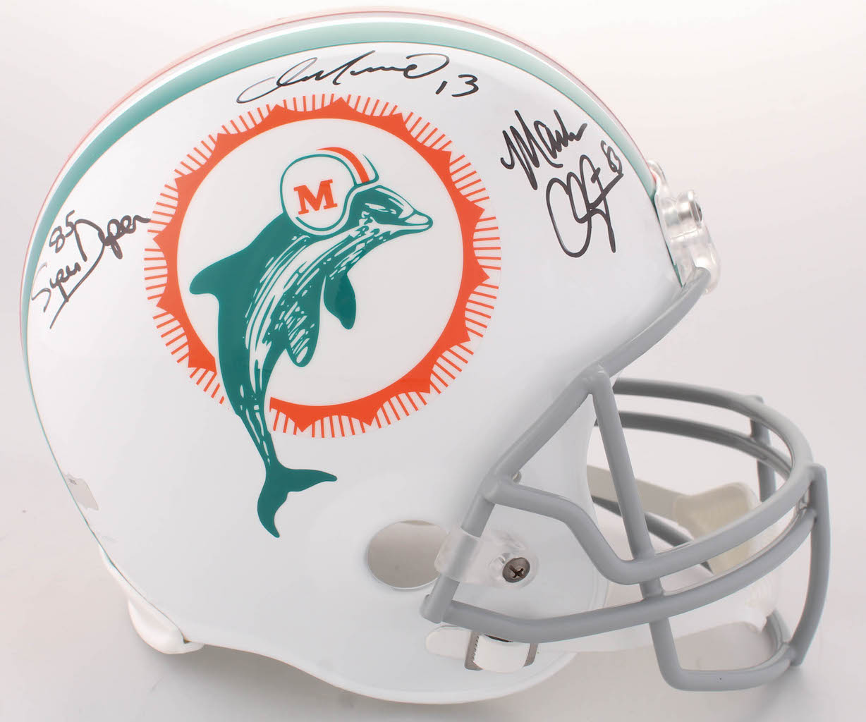 Dan Marino, Mark Clayton & Mark "Super" Duper Signed Dolphins Full-Size Throwback Helmet (Radtke COA) at PristineAuction.com Dan Marino, Mark Clayton & Mark "Super" Duper Signed Dolphins Full-Size Throwback Helmet (Radtke COA) at PristineAuction.com