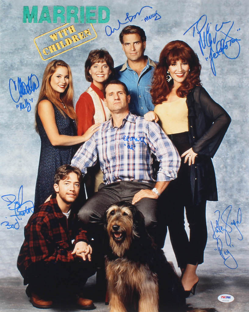 Married With Children 16x20 Photo Cast-Signed by (6) With Ed O'Neill, Katey Sagal, David Faustino, Christina Applegate With Multiple Inscriptions (PSA COA) at PristineAuction.com Married With Children 16x20 Photo Cast-Signed by (6) With Ed O'Neill, Katey Sagal, David Faustino, Christina Applegate With Multiple Inscriptions (PSA COA) at PristineAuction.com