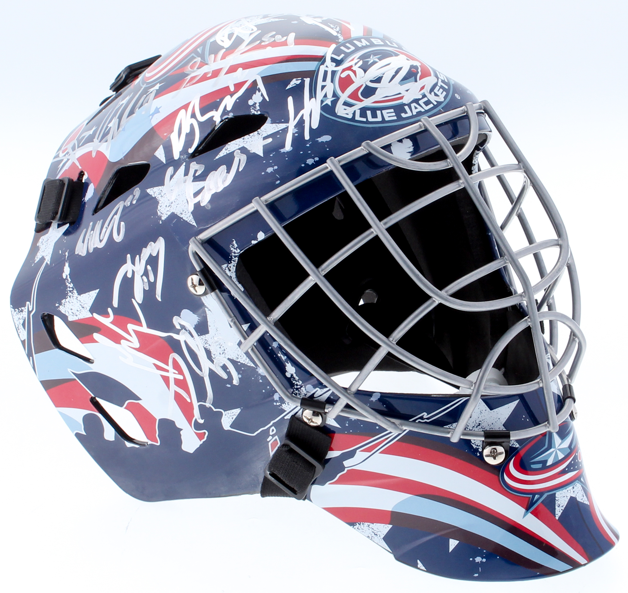 2016-17 Blue Jackets Full-Size Authentic On-Ice Goalie Mask Team-Signed by (22) With Cam Atkinson, Sergei Bobrovsky, Brandon Dubrinsky, Nick Foligno (JSA ALOA) at PristineAuction.com 2016-17 Blue Jackets Full-Size Authentic On-Ice Goalie Mask Team-Signed by (22) With Cam Atkinson, Sergei Bobrovsky, Brandon Dubrinsky, Nick Foligno (JSA ALOA) at PristineAuction.com