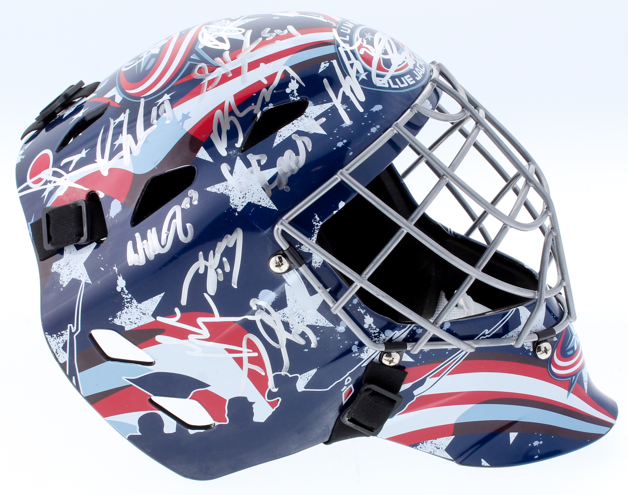 2016-17 Blue Jackets Full-Size Authentic On-Ice Goalie Mask Team-Signed by (22) With Cam Atkinson, Sergei Bobrovsky, Brandon Dubrinsky, Nick Foligno (JSA ALOA) at PristineAuction.com 2016-17 Blue Jackets Full-Size Authentic On-Ice Goalie Mask Team-Signed by (22) With Cam Atkinson, Sergei Bobrovsky, Brandon Dubrinsky, Nick Foligno (JSA ALOA) at PristineAuction.com
