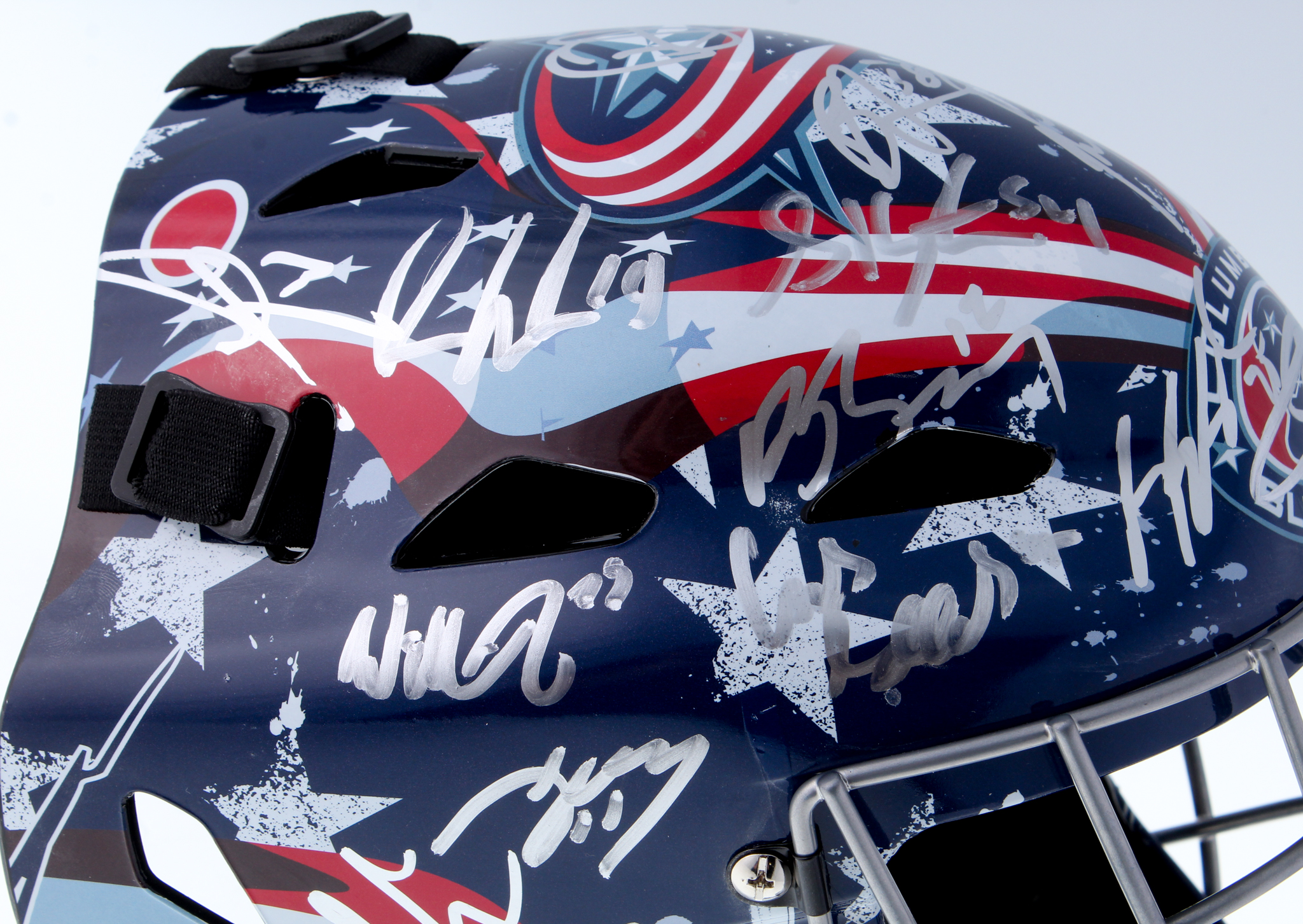 2016-17 Blue Jackets Full-Size Authentic On-Ice Goalie Mask Team-Signed by (22) With Cam Atkinson, Sergei Bobrovsky, Brandon Dubrinsky, Nick Foligno (JSA ALOA) at PristineAuction.com 2016-17 Blue Jackets Full-Size Authentic On-Ice Goalie Mask Team-Signed by (22) With Cam Atkinson, Sergei Bobrovsky, Brandon Dubrinsky, Nick Foligno (JSA ALOA) at PristineAuction.com