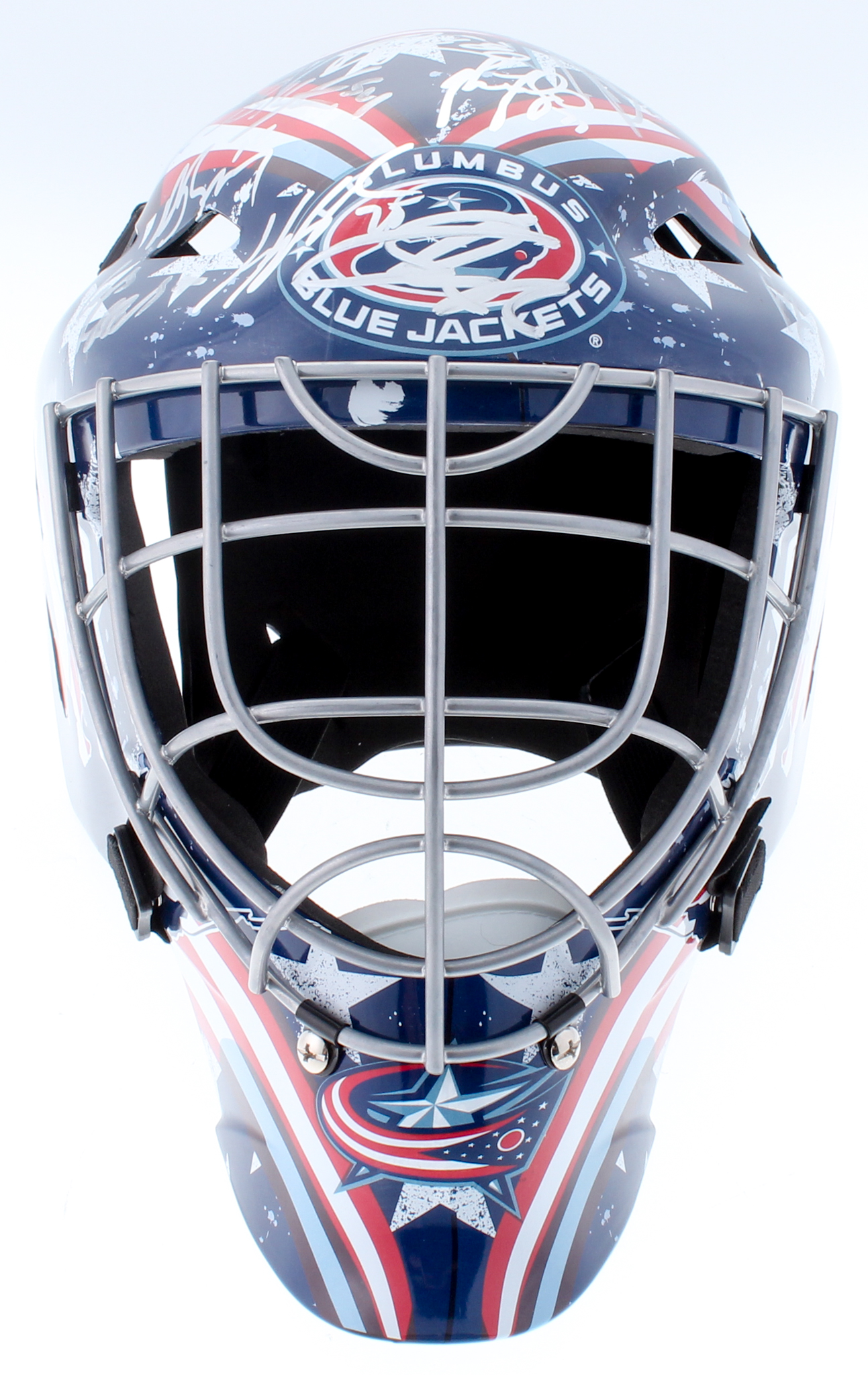 2016-17 Blue Jackets Full-Size Authentic On-Ice Goalie Mask Team-Signed by (22) With Cam Atkinson, Sergei Bobrovsky, Brandon Dubrinsky, Nick Foligno (JSA ALOA) at PristineAuction.com 2016-17 Blue Jackets Full-Size Authentic On-Ice Goalie Mask Team-Signed by (22) With Cam Atkinson, Sergei Bobrovsky, Brandon Dubrinsky, Nick Foligno (JSA ALOA) at PristineAuction.com