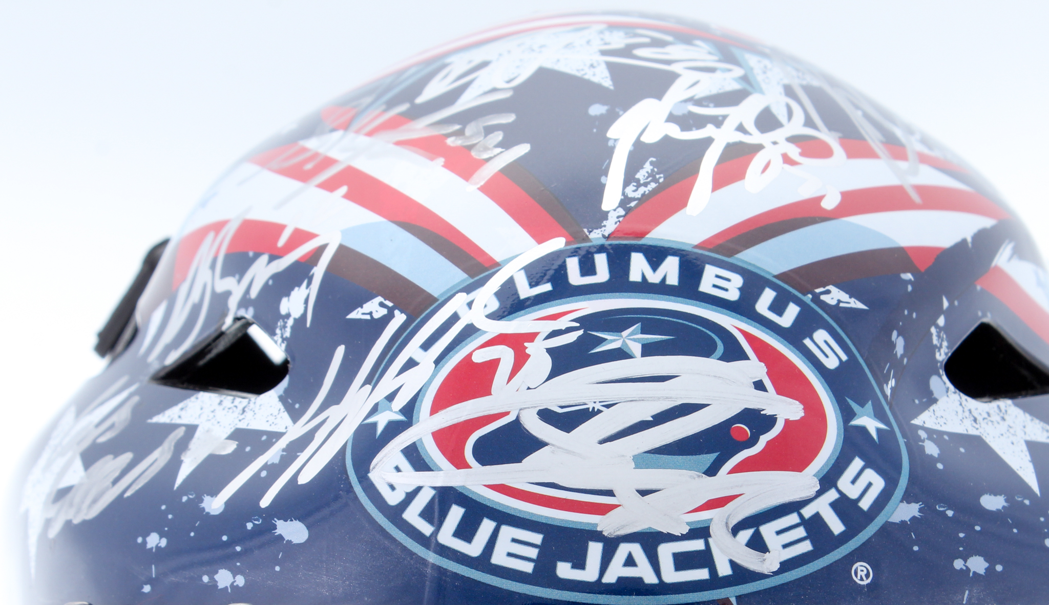 2016-17 Blue Jackets Full-Size Authentic On-Ice Goalie Mask Team-Signed by (22) With Cam Atkinson, Sergei Bobrovsky, Brandon Dubrinsky, Nick Foligno (JSA ALOA) at PristineAuction.com 2016-17 Blue Jackets Full-Size Authentic On-Ice Goalie Mask Team-Signed by (22) With Cam Atkinson, Sergei Bobrovsky, Brandon Dubrinsky, Nick Foligno (JSA ALOA) at PristineAuction.com