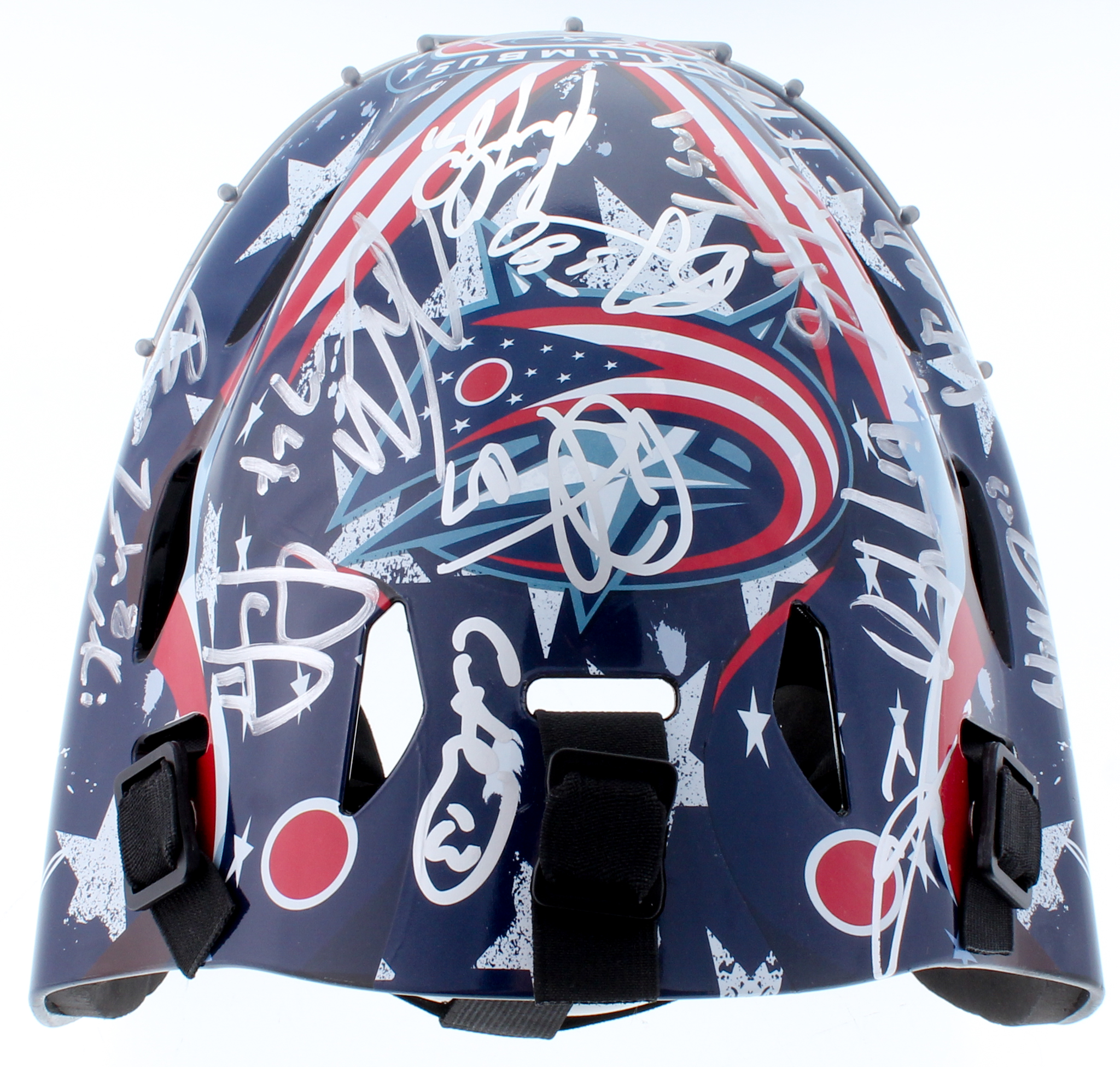 2016-17 Blue Jackets Full-Size Authentic On-Ice Goalie Mask Team-Signed by (22) With Cam Atkinson, Sergei Bobrovsky, Brandon Dubrinsky, Nick Foligno (JSA ALOA) at PristineAuction.com 2016-17 Blue Jackets Full-Size Authentic On-Ice Goalie Mask Team-Signed by (22) With Cam Atkinson, Sergei Bobrovsky, Brandon Dubrinsky, Nick Foligno (JSA ALOA) at PristineAuction.com